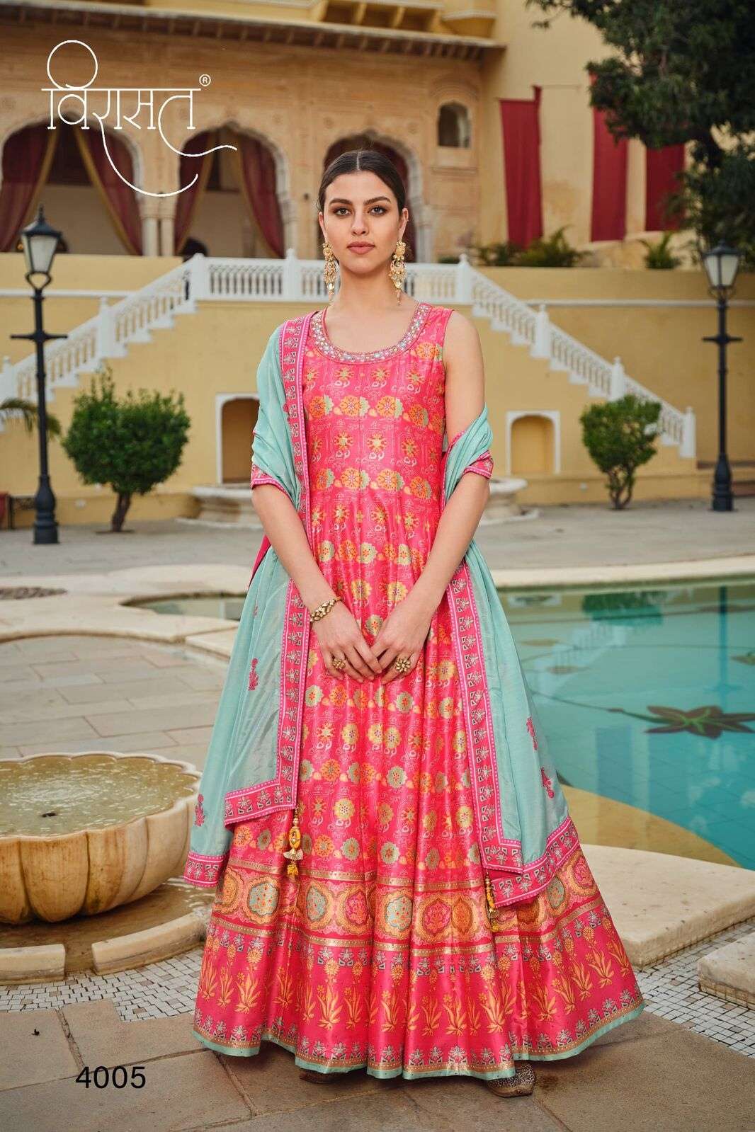 PESHWAI BY VIRASAT CHERRY SILK DESIGNER LATKAN KALI FLOWER PRINT ANARKALI WITH DUPATTA 