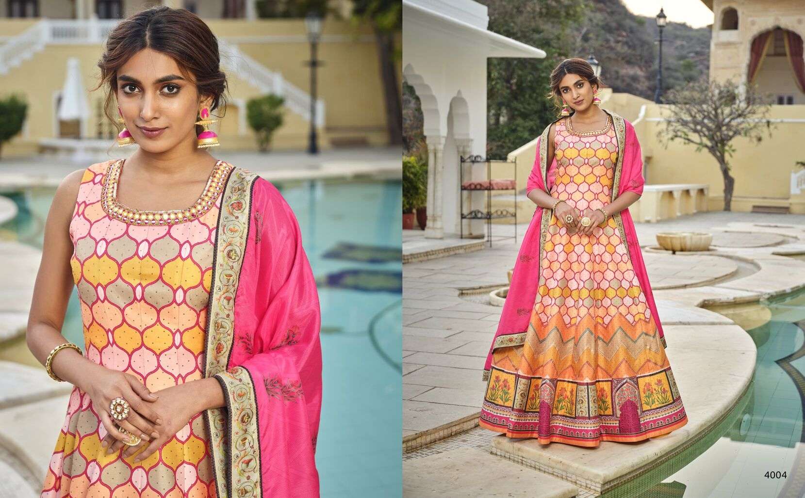 PESHWAI BY VIRASAT CHERRY SILK DESIGNER LATKAN KALI FLOWER PRINT ANARKALI WITH DUPATTA 