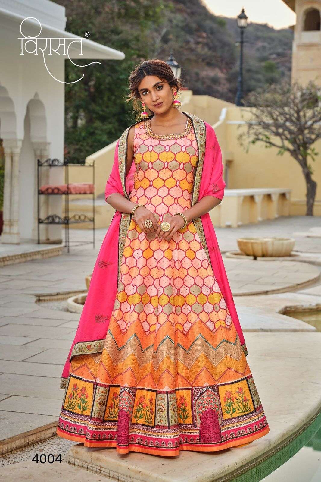 PESHWAI BY VIRASAT CHERRY SILK DESIGNER LATKAN KALI FLOWER PRINT ANARKALI WITH DUPATTA 