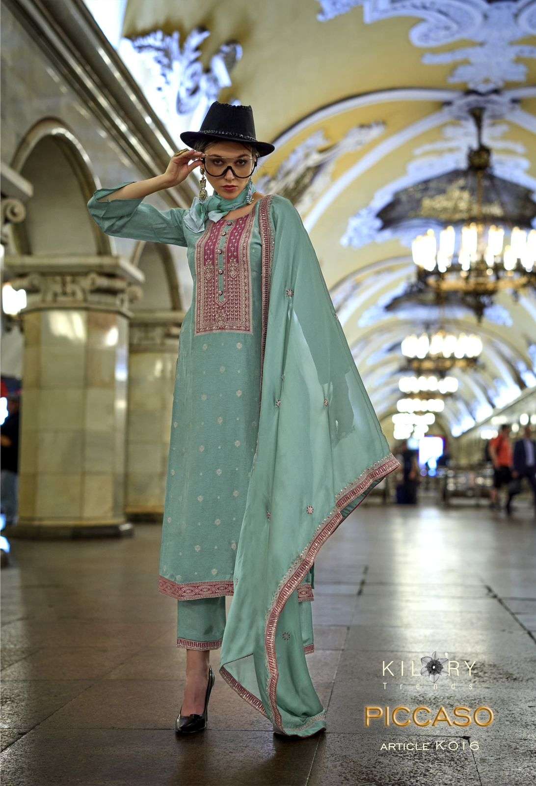 PICCASO BY KILORY TRENDZ PURE SILK WITH FANCY HANDWORK KURTI PANT WITH DUPATTA 