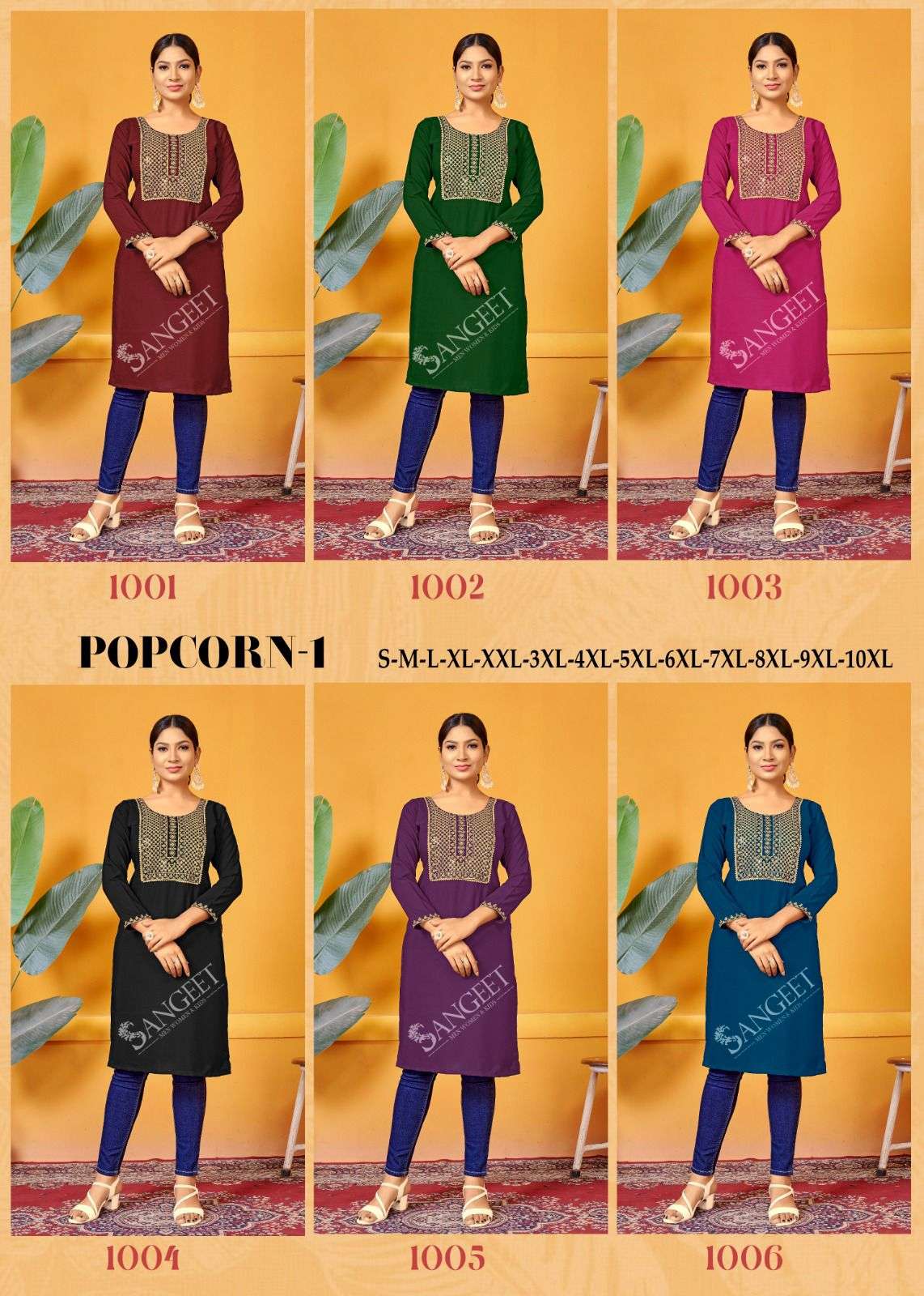 POPCORN VOL-1 BY SANGEET MALAI RAYON GOLD EMBROIDERY SEQUENCE WORK KURTI 