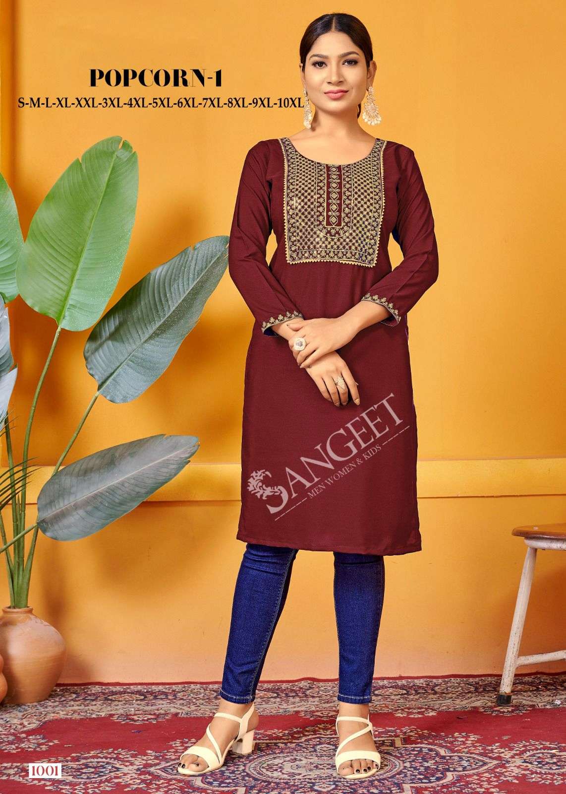 POPCORN VOL-1 BY SANGEET MALAI RAYON GOLD EMBROIDERY SEQUENCE WORK KURTI 