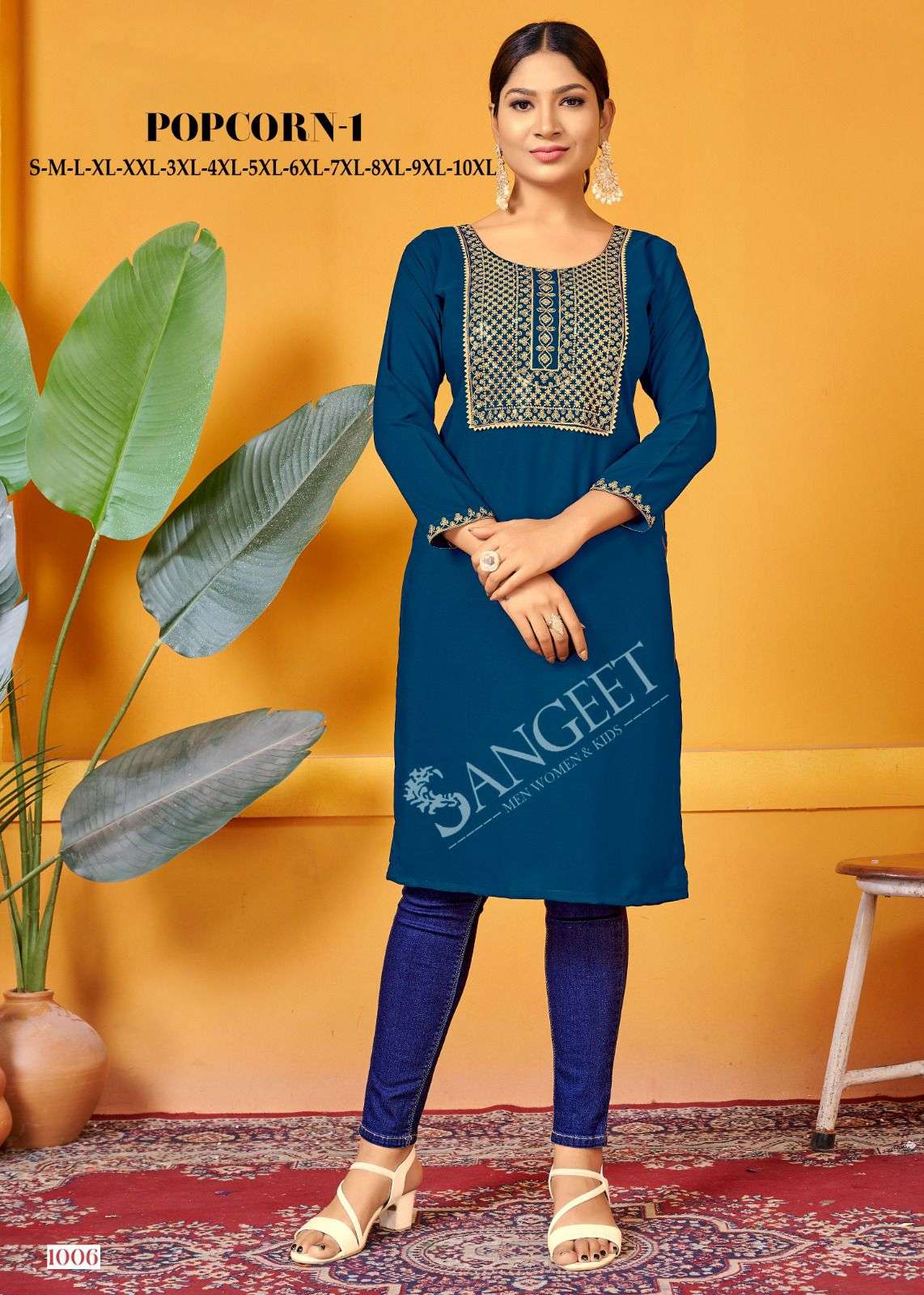 POPCORN VOL-1 BY SANGEET MALAI RAYON GOLD EMBROIDERY SEQUENCE WORK KURTI 