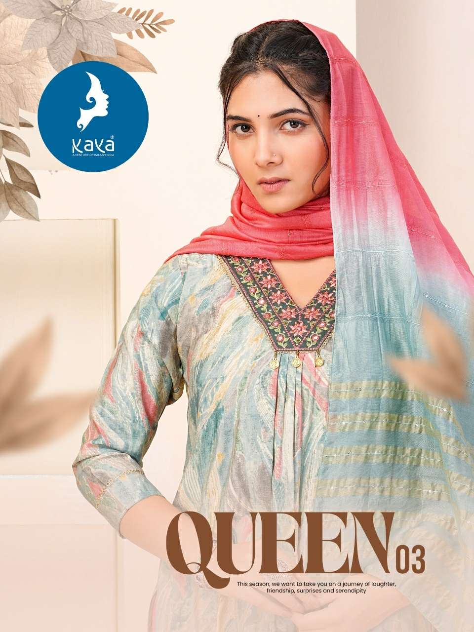 QUEEN VOL-3 BY KAYA KURTI CHANDERI MODAL PRINT 3 PIECE NAYRA CUT V NECK KURTI PANT WITH DUPATTA 