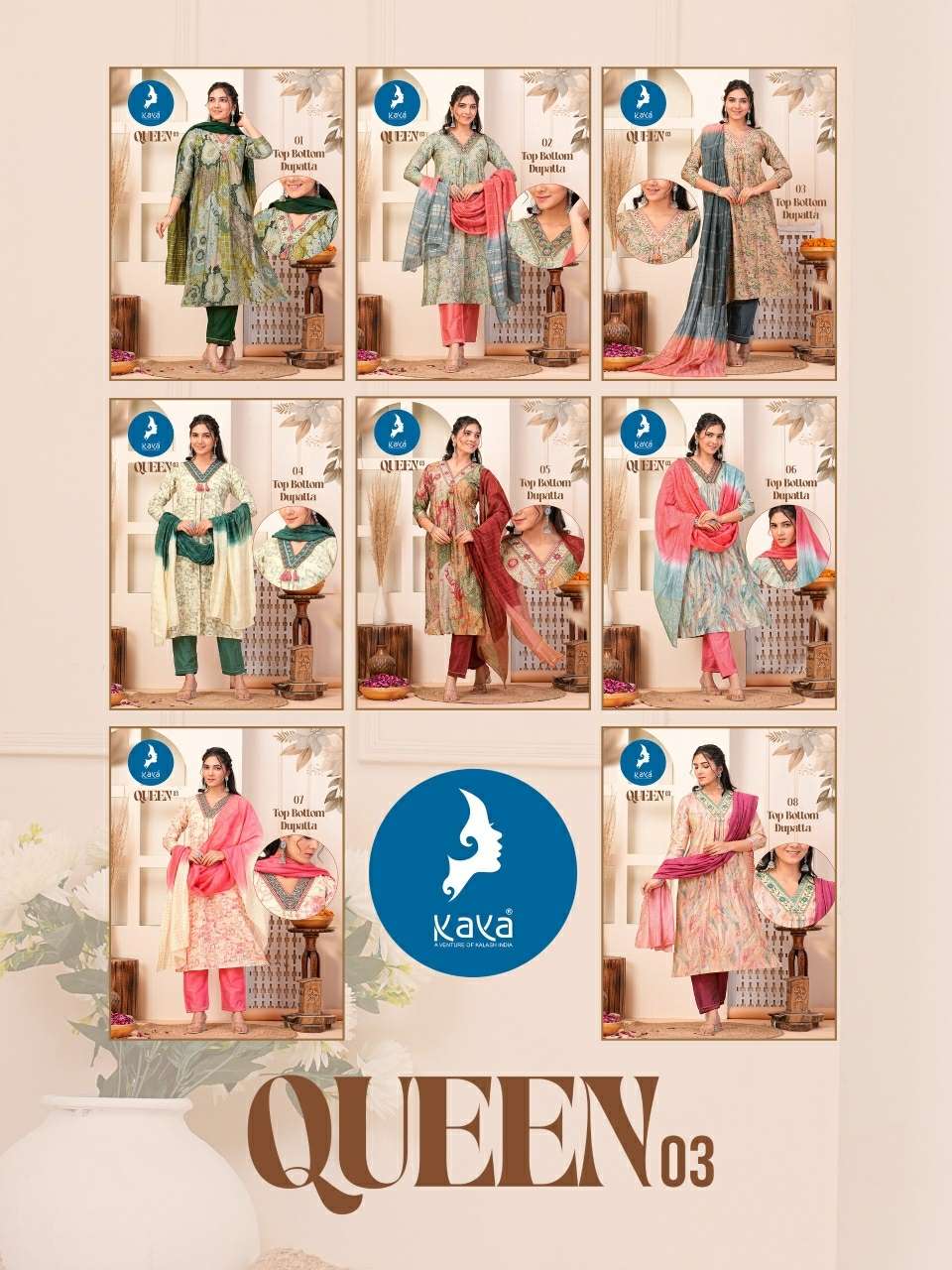QUEEN VOL-3 BY KAYA KURTI CHANDERI MODAL PRINT 3 PIECE NAYRA CUT V NECK KURTI PANT WITH DUPATTA 