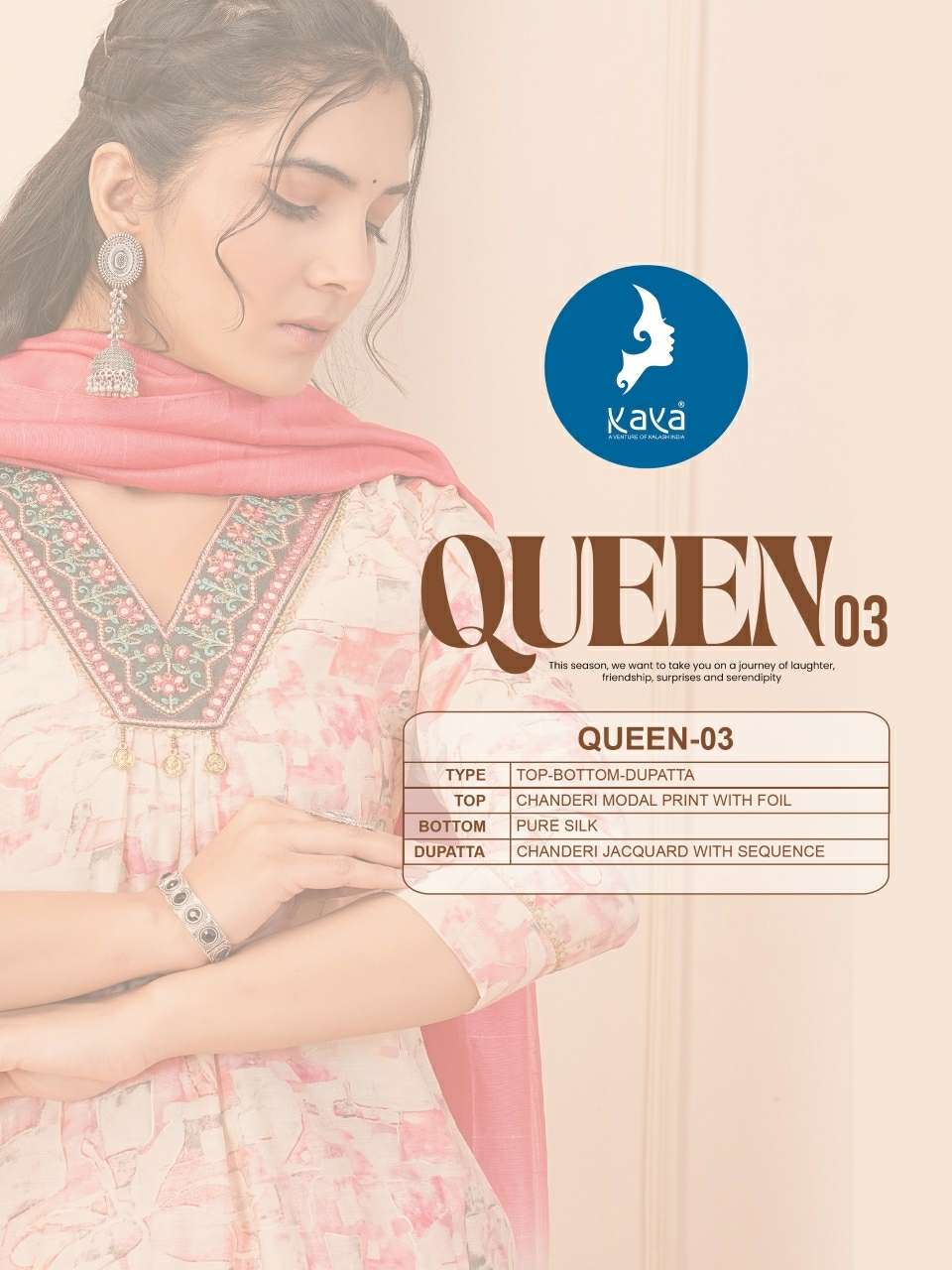 QUEEN VOL-3 BY KAYA KURTI CHANDERI MODAL PRINT 3 PIECE NAYRA CUT V NECK KURTI PANT WITH DUPATTA 