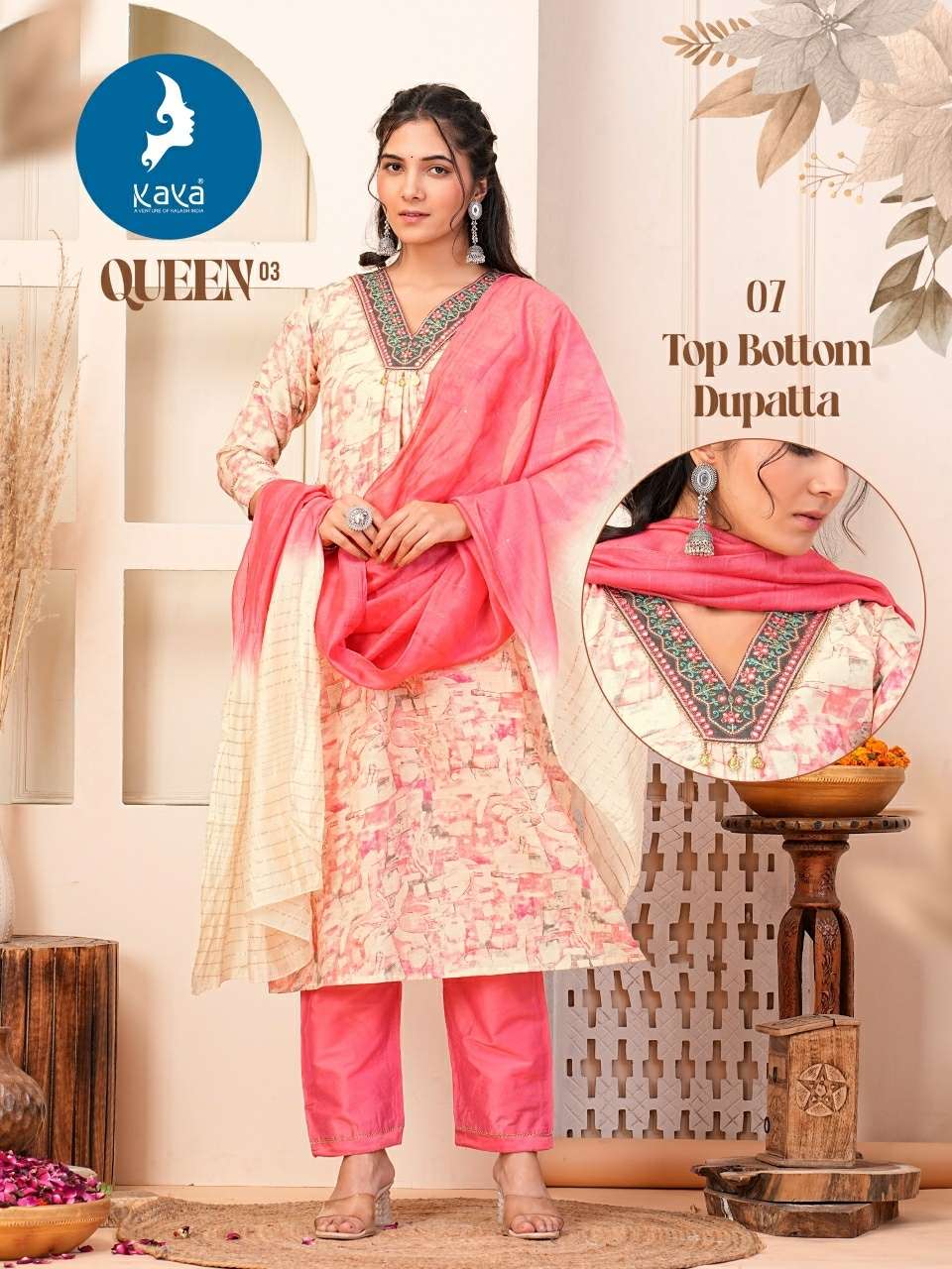 QUEEN VOL-3 BY KAYA KURTI CHANDERI MODAL PRINT 3 PIECE NAYRA CUT V NECK KURTI PANT WITH DUPATTA 