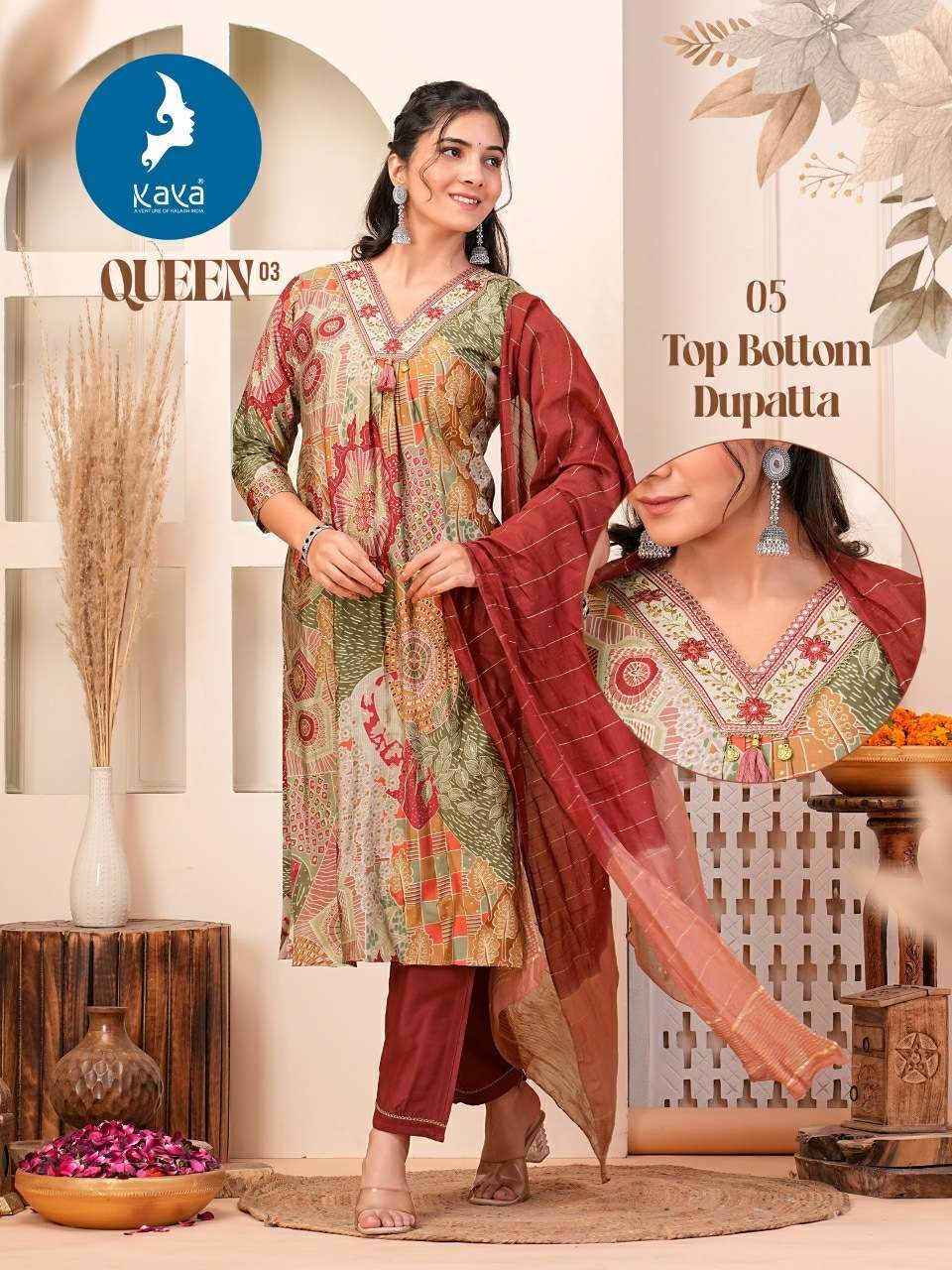 QUEEN VOL-3 BY KAYA KURTI CHANDERI MODAL PRINT 3 PIECE NAYRA CUT V NECK KURTI PANT WITH DUPATTA 