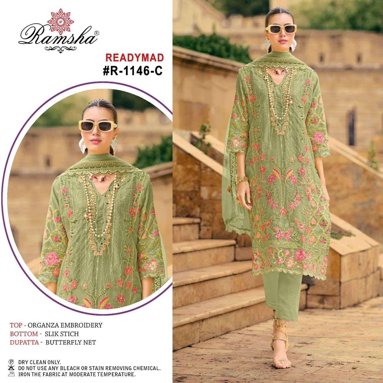 R-1146 NX BY RAMSHA ORGANZA EMBROIDERY KURTI SILK STITCH PANT WITH NET EMBROIDERY DUPATTA 