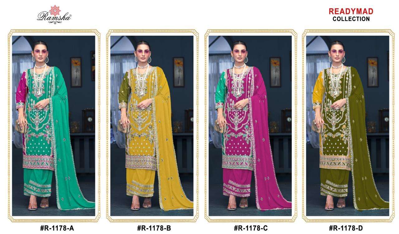 R-1178NX BY RAMSHA CHINON EMBROIDERY KURTI WITH CHINON PLAZO WORK WITH STYLISH DUPATTA 