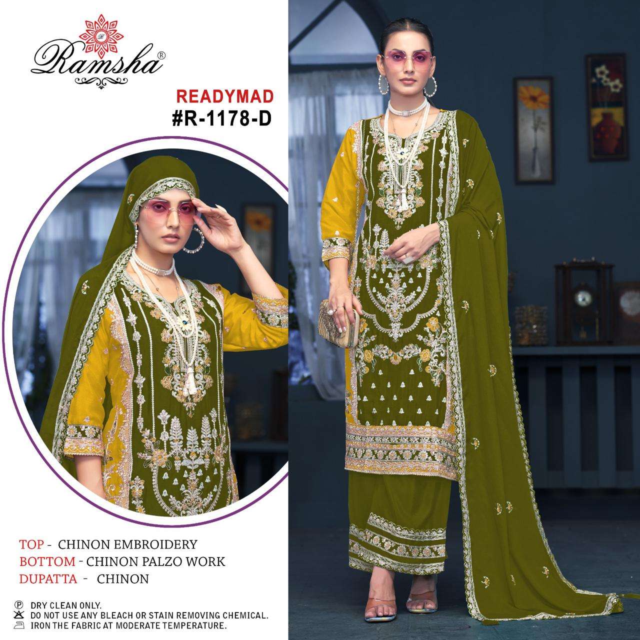 R-1178NX BY RAMSHA CHINON EMBROIDERY KURTI WITH CHINON PLAZO WORK WITH STYLISH DUPATTA 