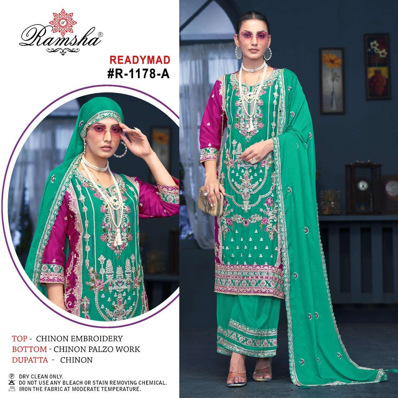 R-1178NX BY RAMSHA CHINON EMBROIDERY KURTI WITH CHINON PLAZO WORK WITH STYLISH DUPATTA 