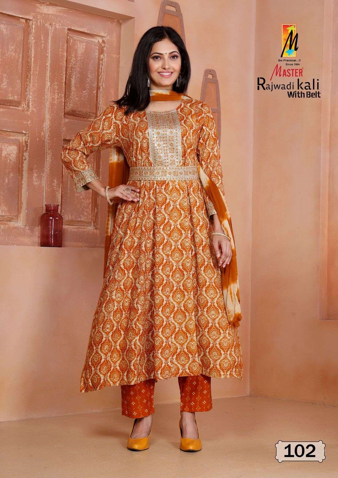 RAJWADI KALI WITH BELT BY MASTER RAYON FOIL PRINT KURTI PANT WITH NAZMIN DUPATTA 