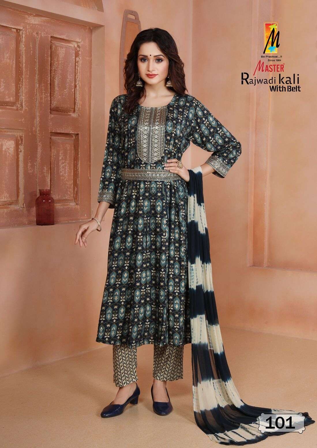 RAJWADI KALI WITH BELT BY MASTER RAYON FOIL PRINT KURTI PANT WITH NAZMIN DUPATTA 