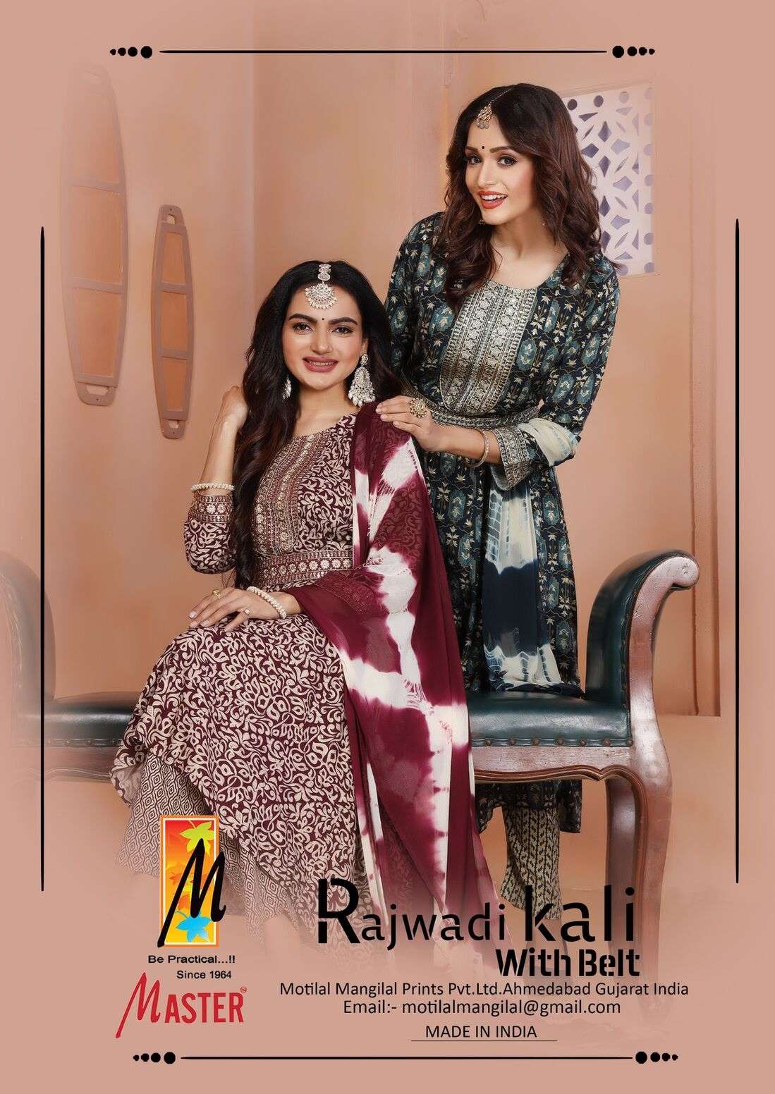 RAJWADI KALI WITH BELT BY MASTER RAYON FOIL PRINT KURTI PANT WITH NAZMIN DUPATTA 