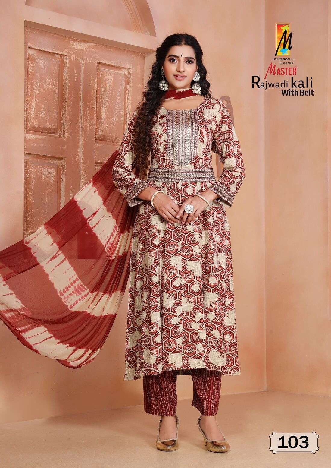 RAJWADI KALI WITH BELT BY MASTER RAYON FOIL PRINT KURTI PANT WITH NAZMIN DUPATTA 