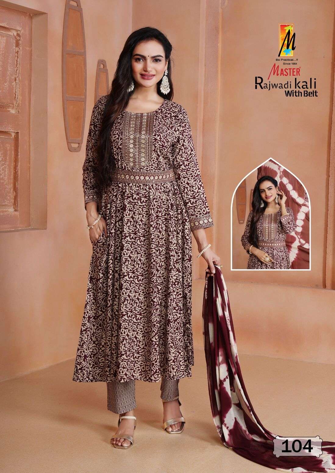 RAJWADI KALI WITH BELT BY MASTER RAYON FOIL PRINT KURTI PANT WITH NAZMIN DUPATTA 