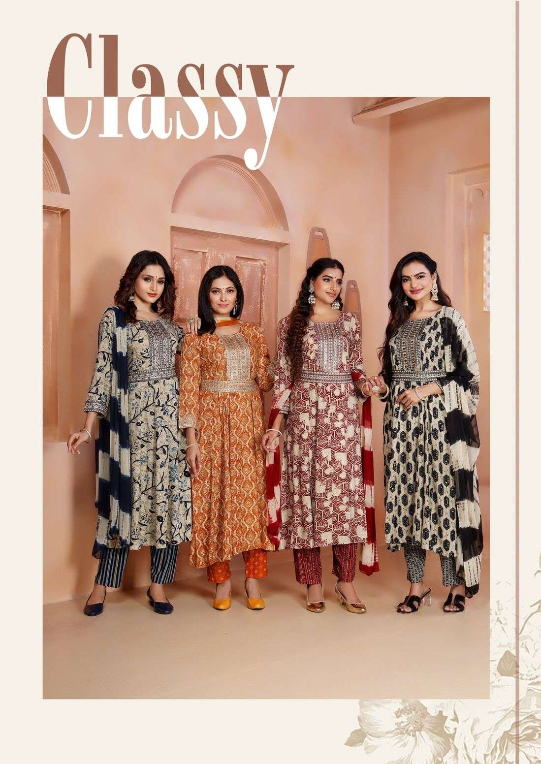 RAJWADI KALI WITH BELT BY MASTER RAYON FOIL PRINT KURTI PANT WITH NAZMIN DUPATTA 