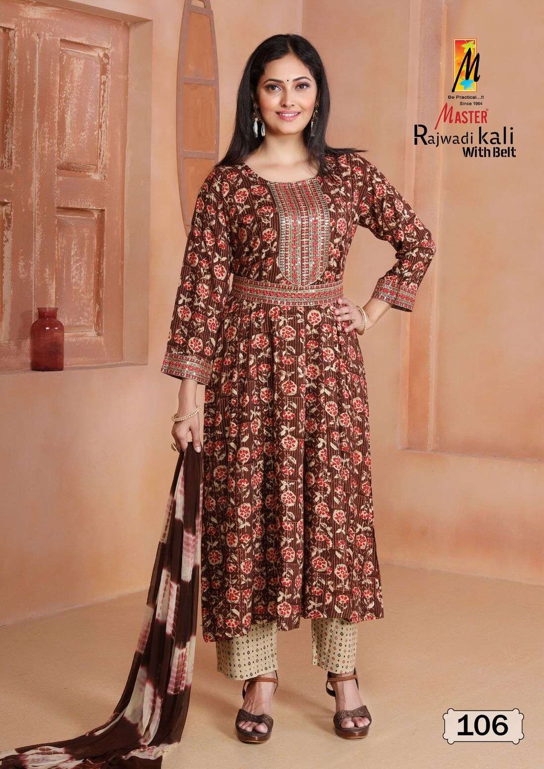 RAJWADI KALI WITH BELT BY MASTER RAYON FOIL PRINT KURTI PANT WITH NAZMIN DUPATTA 