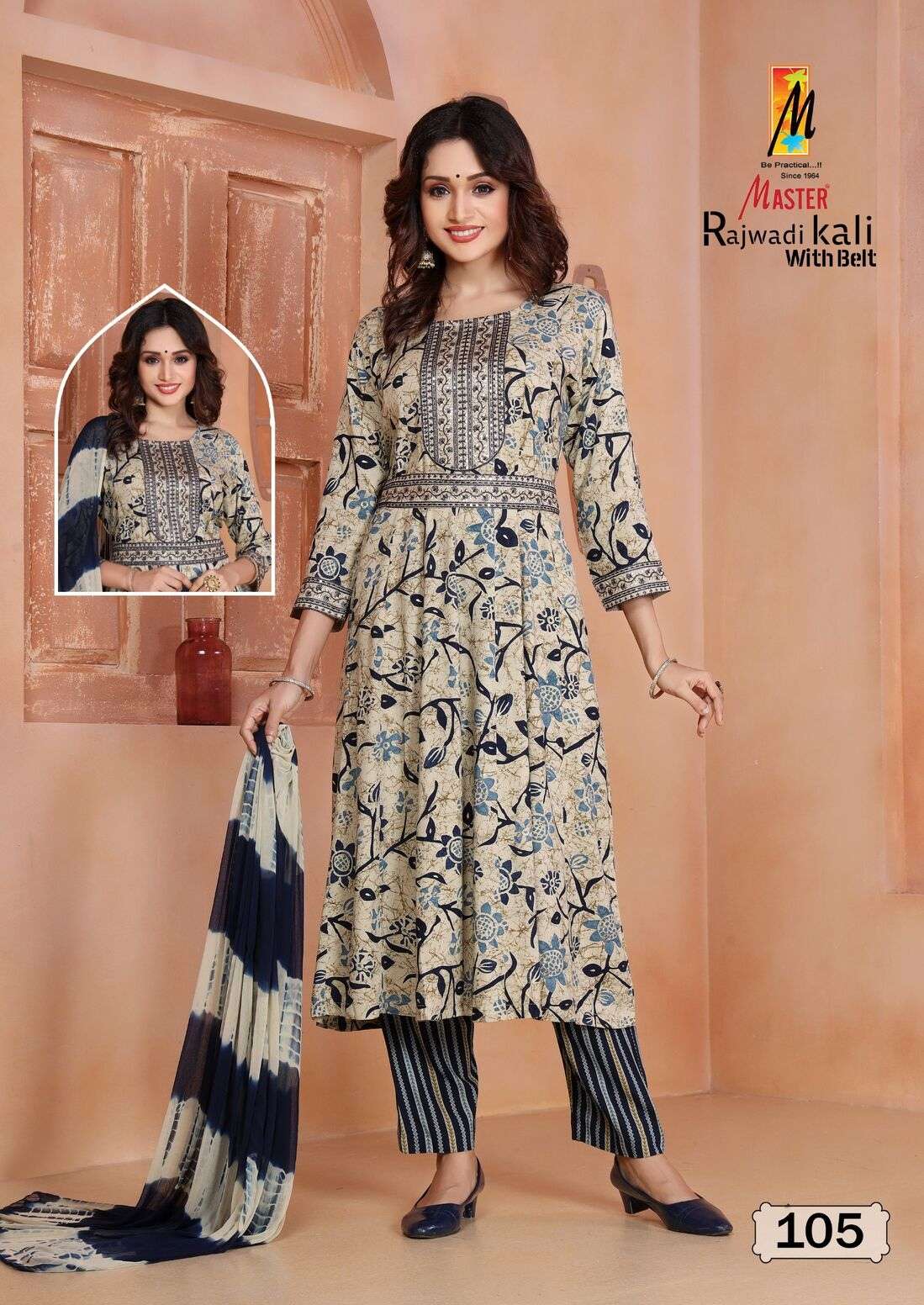 RAJWADI KALI WITH BELT BY MASTER RAYON FOIL PRINT KURTI PANT WITH NAZMIN DUPATTA 