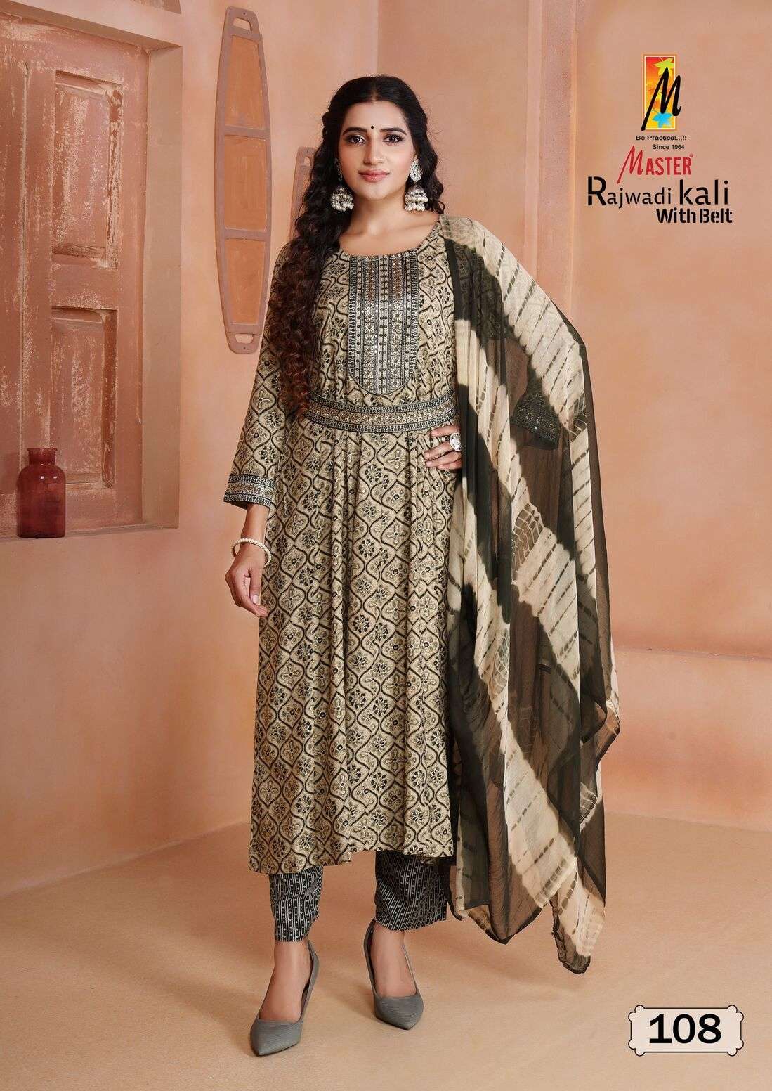 RAJWADI KALI WITH BELT BY MASTER RAYON FOIL PRINT KURTI PANT WITH NAZMIN DUPATTA 