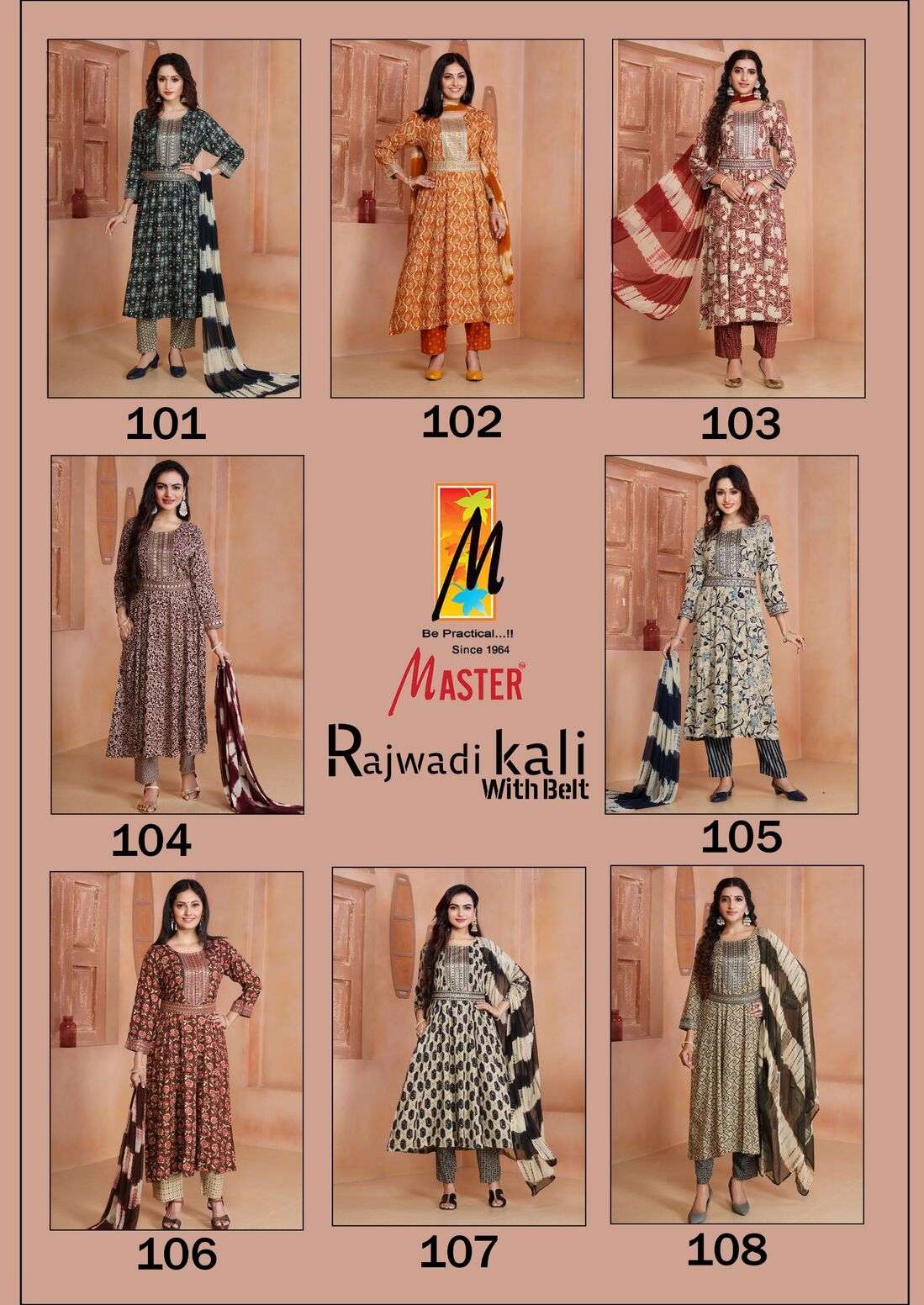 RAJWADI KALI WITH BELT BY MASTER RAYON FOIL PRINT KURTI PANT WITH NAZMIN DUPATTA 