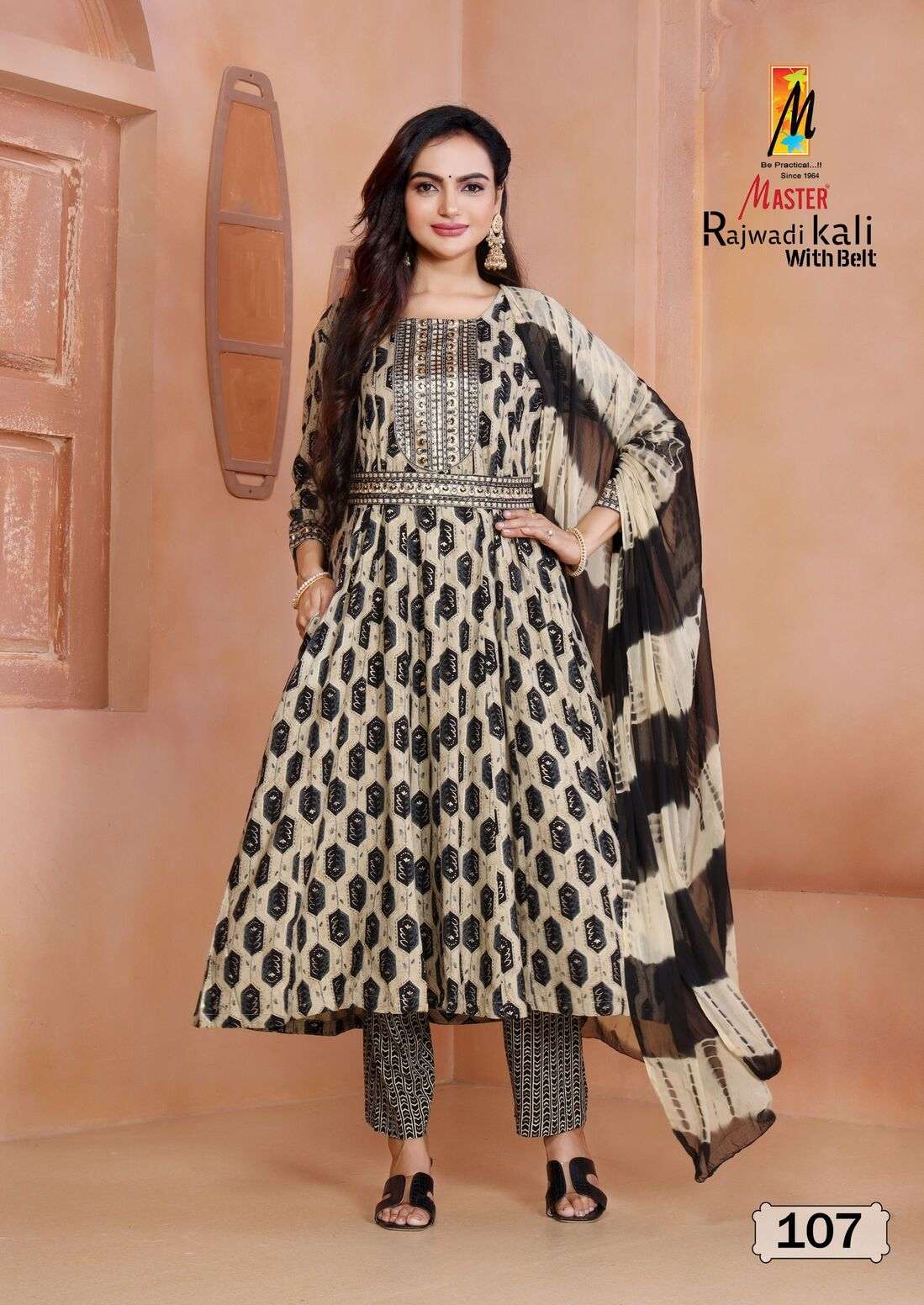 RAJWADI KALI WITH BELT BY MASTER RAYON FOIL PRINT KURTI PANT WITH NAZMIN DUPATTA 