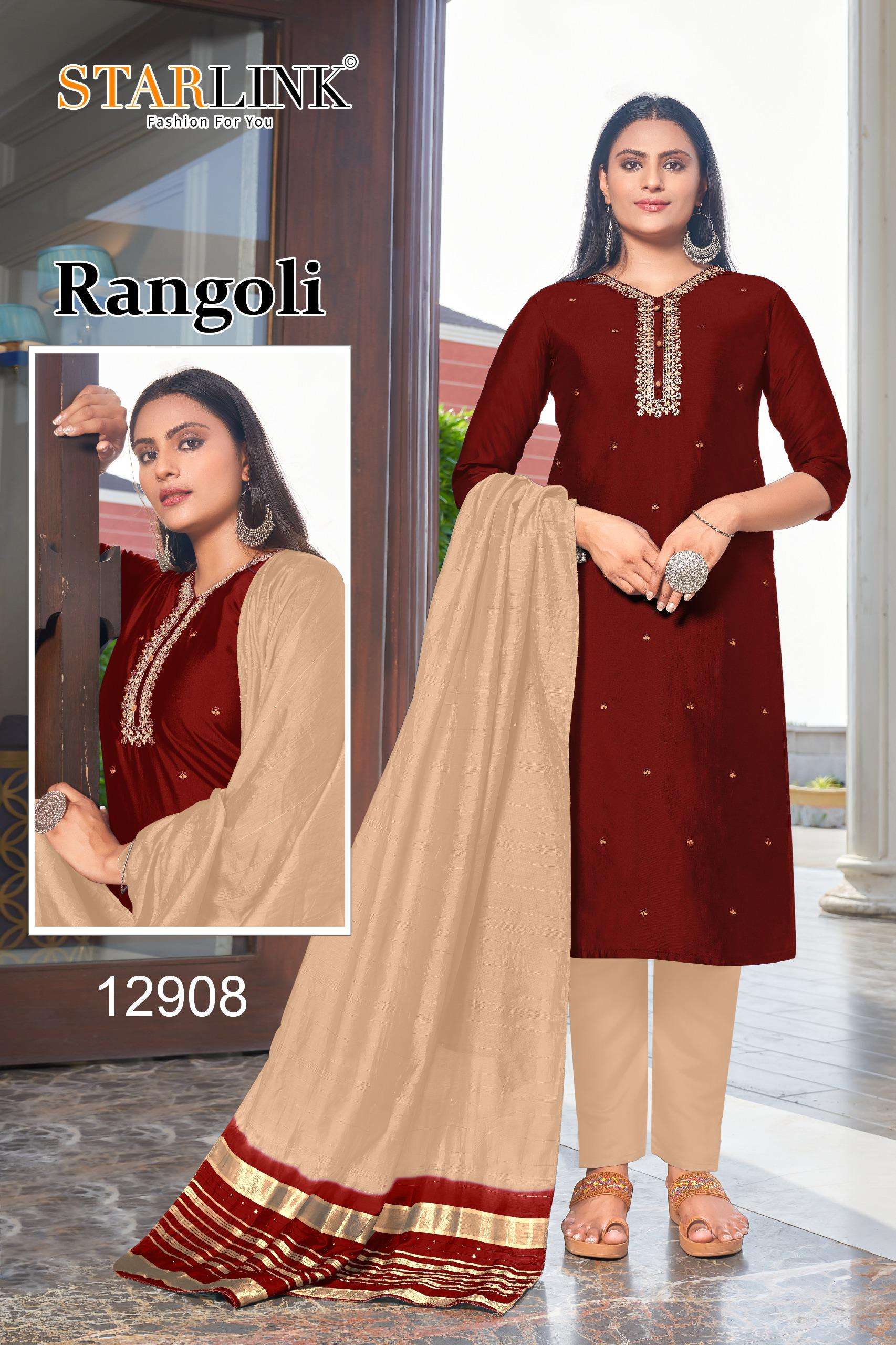 RANGOLI BY STARLINK ROMAN SILK EMBROIDERY WORK KURTI PANT WITH DYBEL DUPATTA 