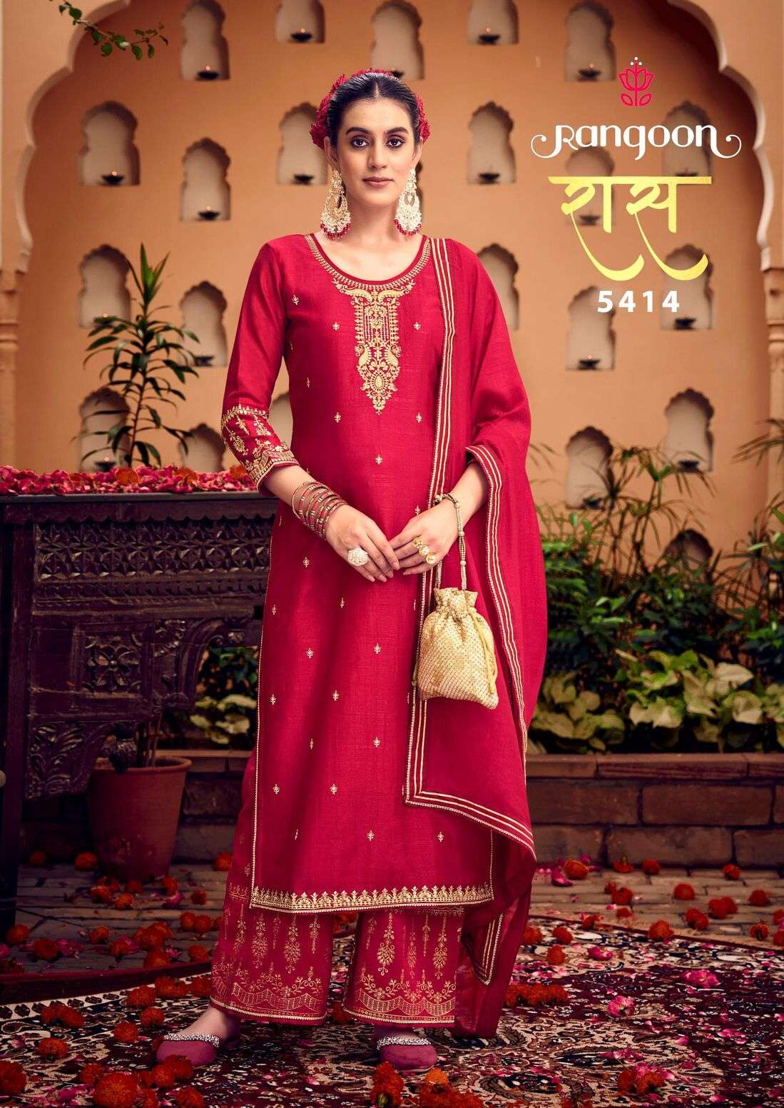 RAS BY RANGOON SILK FABRIC WITH FANCY SLEEVES WORK KURTI PLAZO WITH DUPATTA 