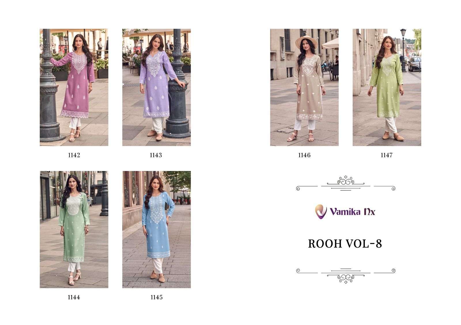 ROOH VOL-8 BY VAMIKA NX PURE RAYON VISCOSE WHITE THREAD WORK LAKHNAVI STITCH KURTI PANT  