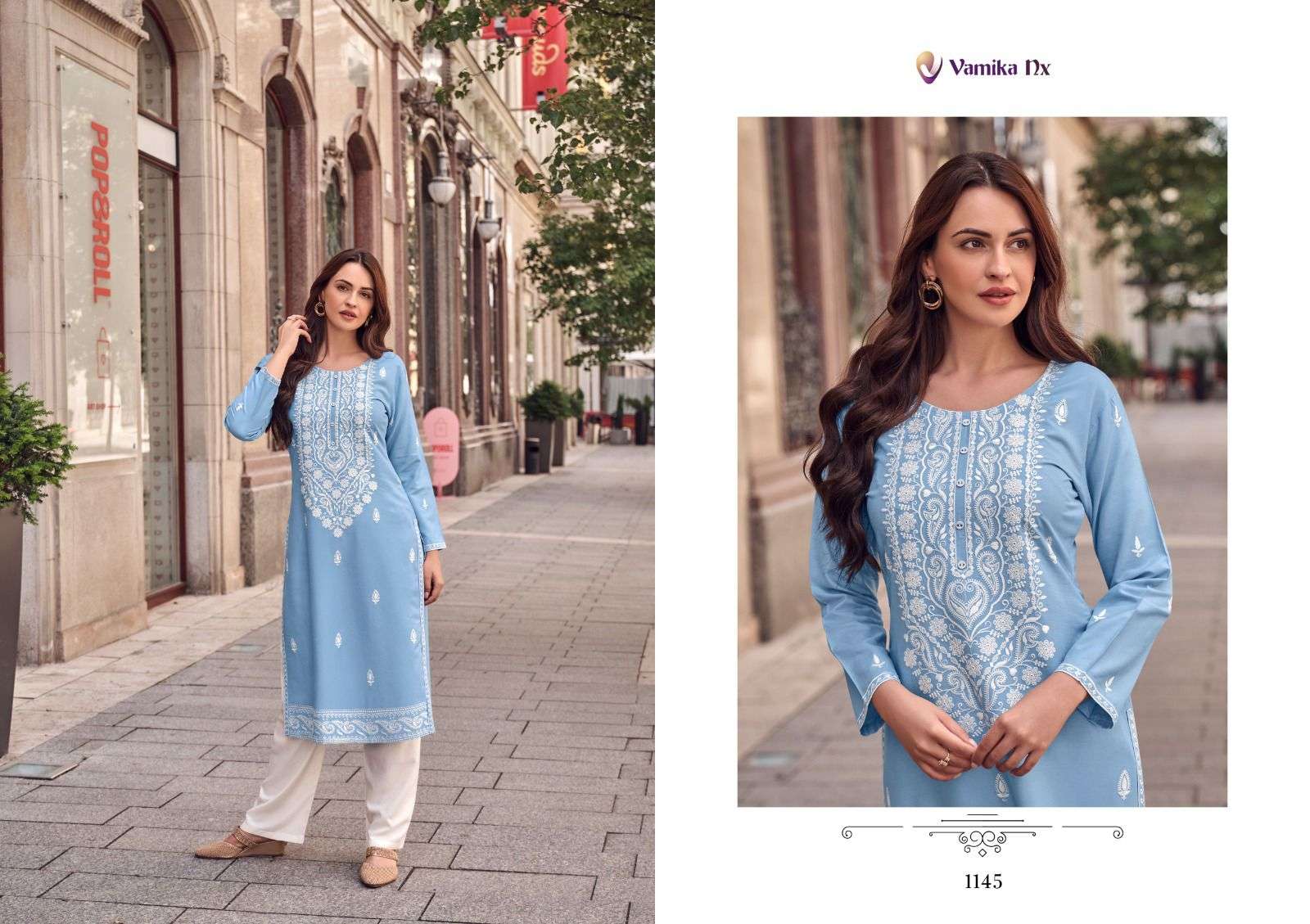 ROOH VOL-8 BY VAMIKA NX PURE RAYON VISCOSE WHITE THREAD WORK LAKHNAVI STITCH KURTI PANT  