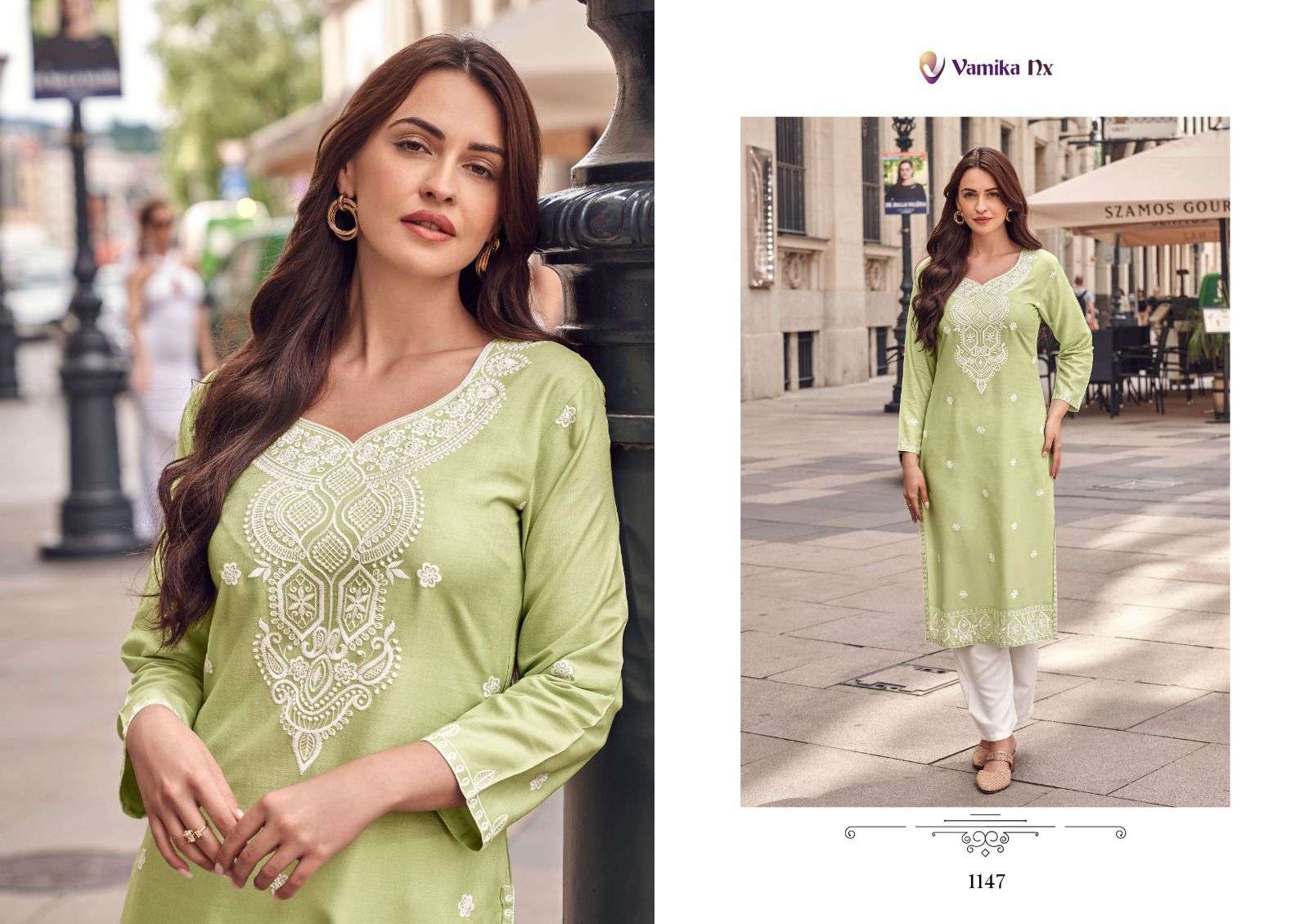 ROOH VOL-8 BY VAMIKA NX PURE RAYON VISCOSE WHITE THREAD WORK LAKHNAVI STITCH KURTI PANT  