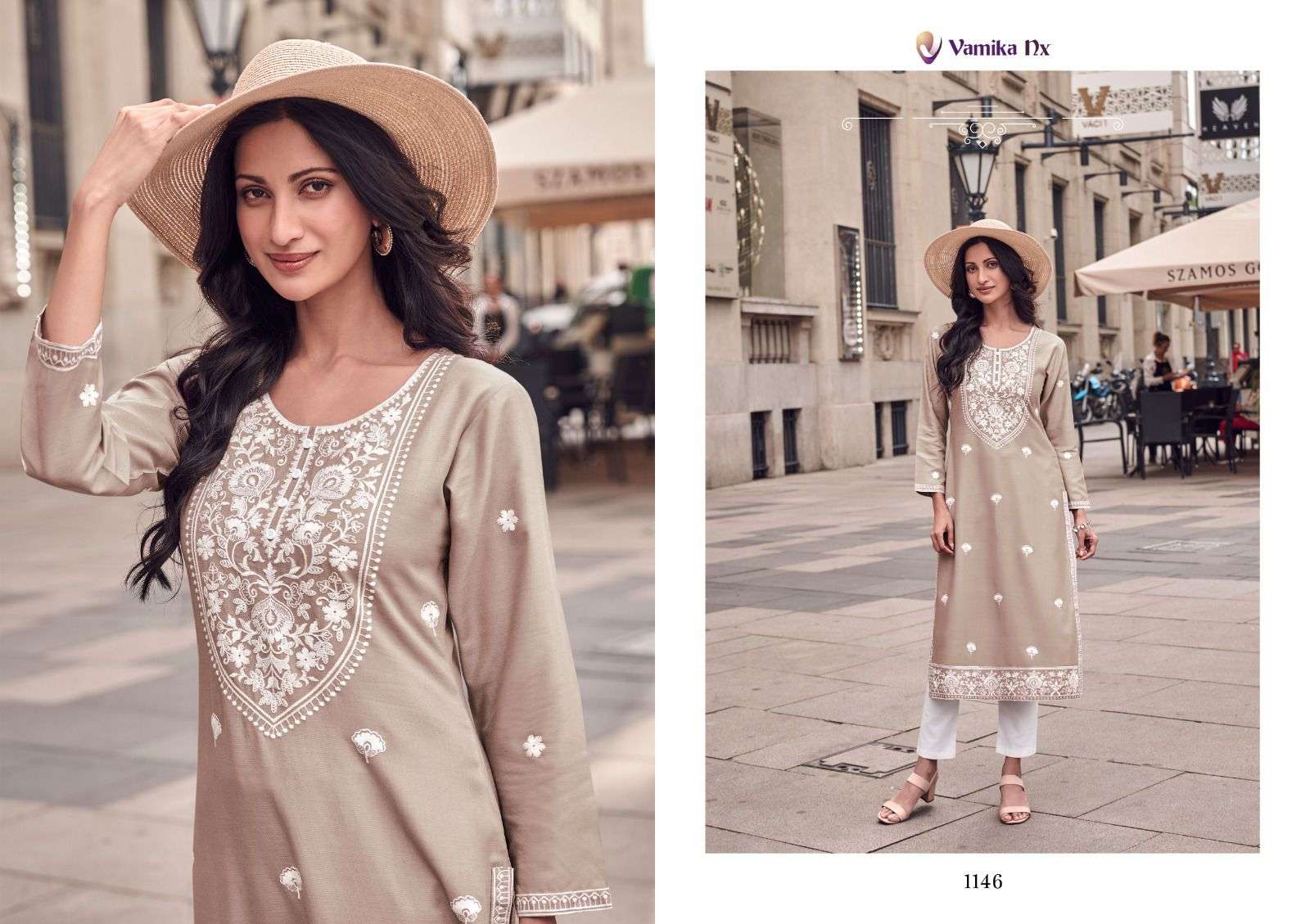 ROOH VOL-8 BY VAMIKA NX PURE RAYON VISCOSE WHITE THREAD WORK LAKHNAVI STITCH KURTI PANT  