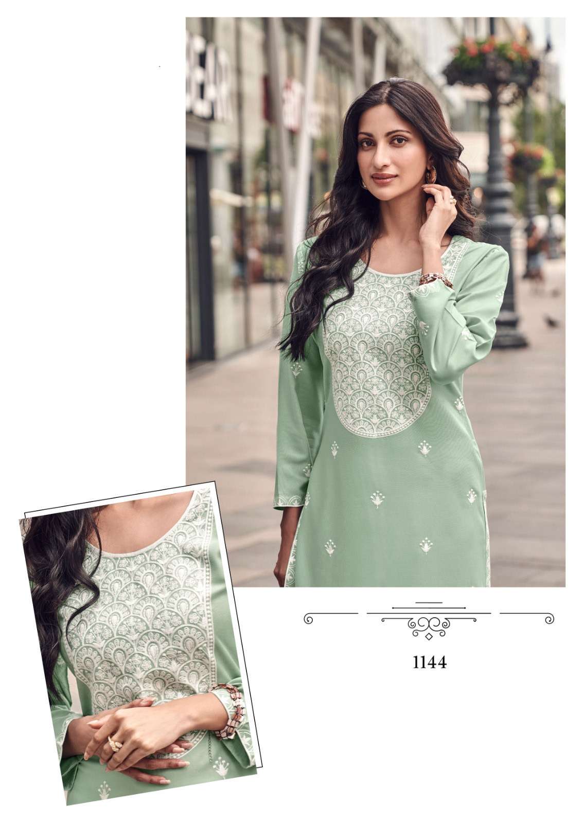 ROOH VOL-8 DESIGN NO- 1144 BY VAMIKA NX PURE VISCOSE RAYON WHITE THREAD WORK LAKHNAVI STITCH KURTI PANT  