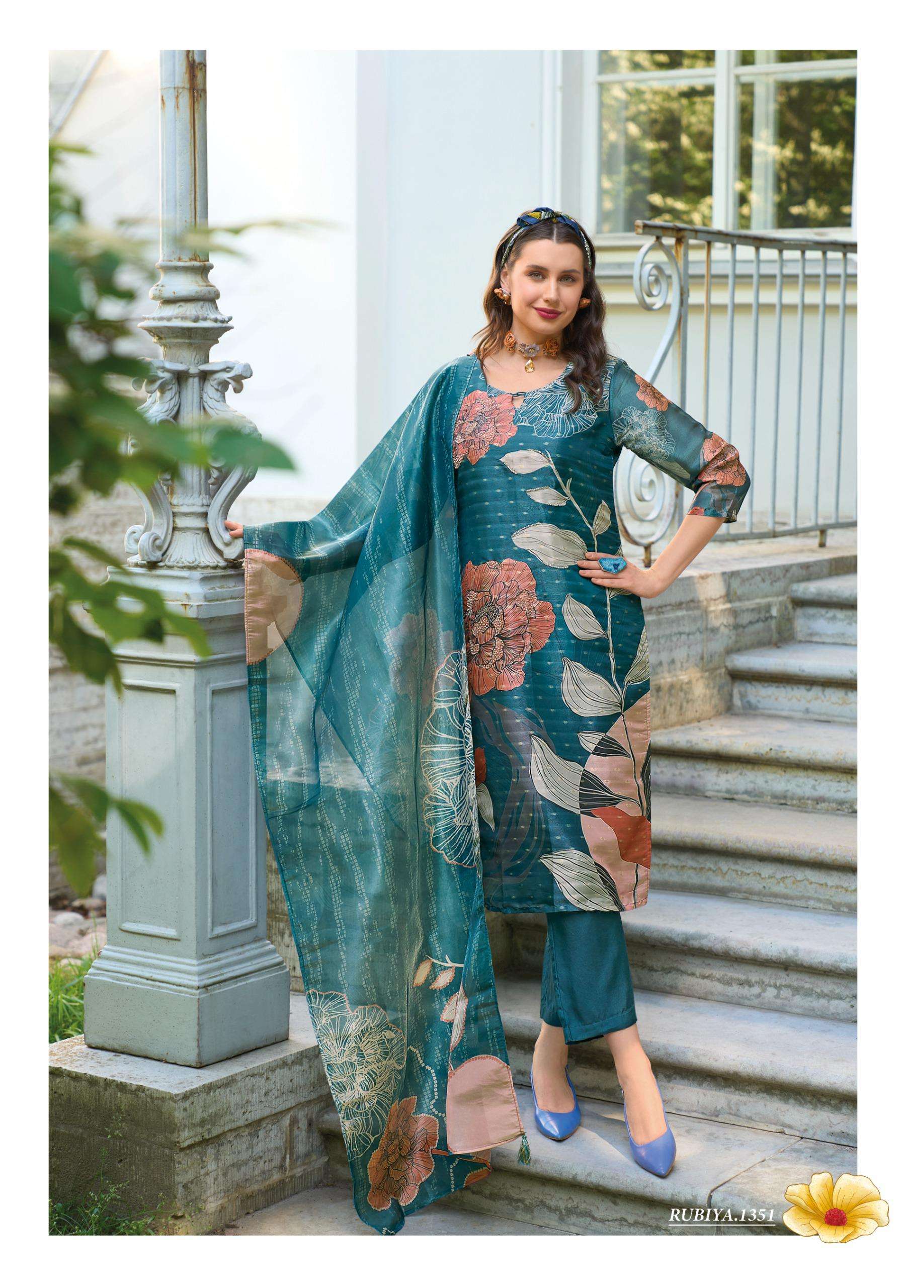 RUBIYA BY LADY LEELA JACQUARD SHIMMER DIGITAL PRINT KURTI PANT WITH HANDWORK INNER & DUPATTA 