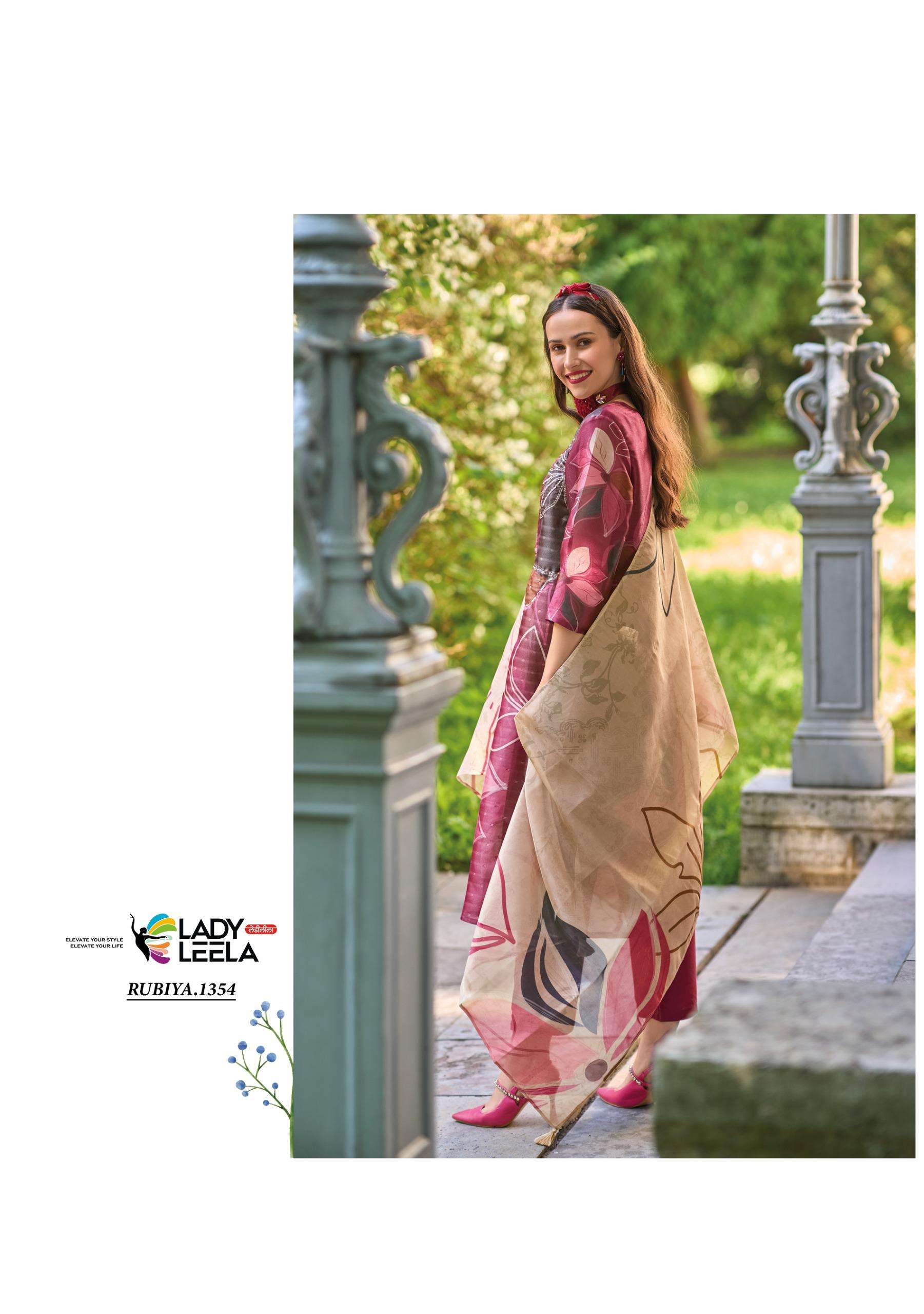 RUBIYA BY LADY LEELA JACQUARD SHIMMER DIGITAL PRINT KURTI PANT WITH HANDWORK INNER & DUPATTA 