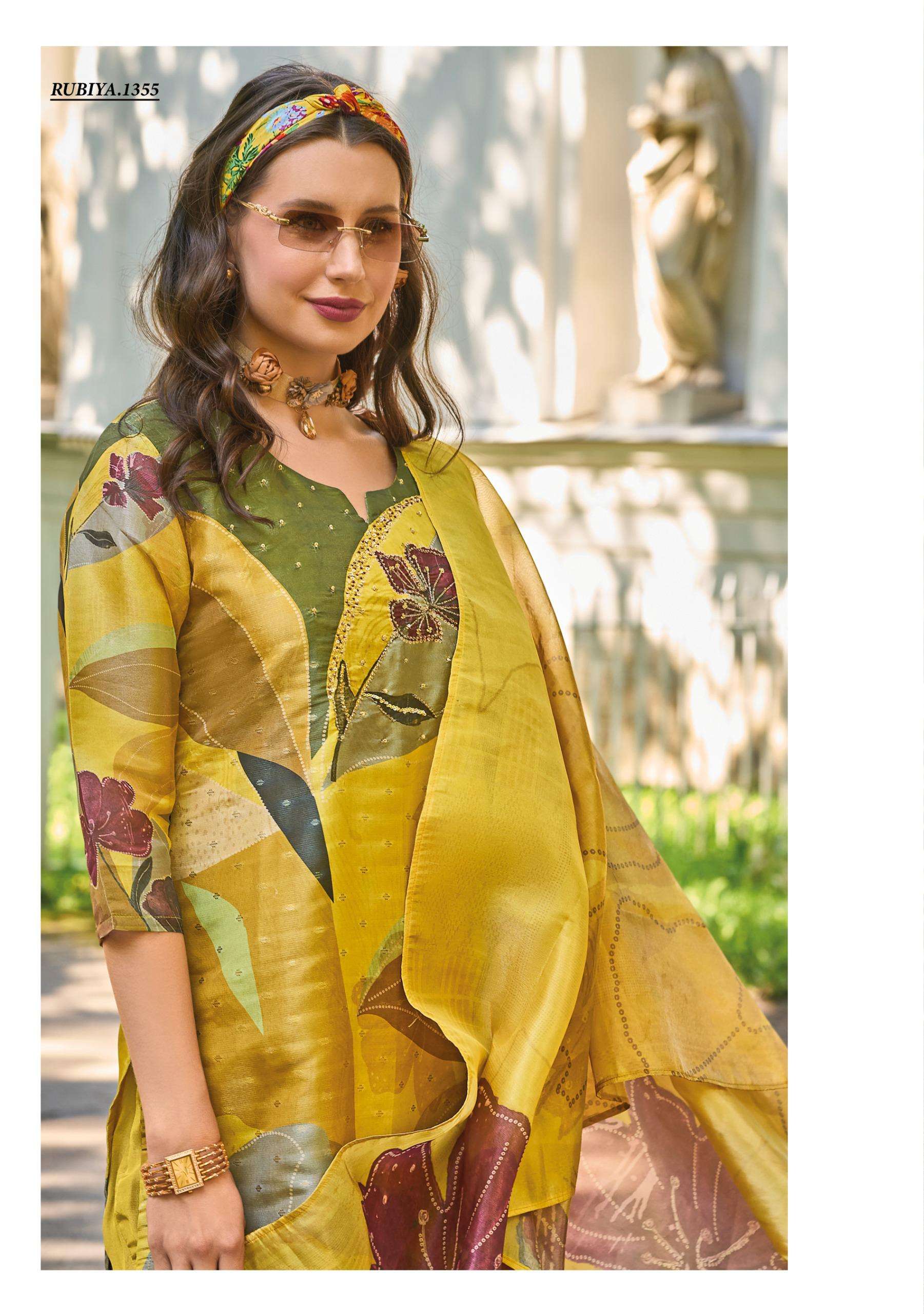 RUBIYA BY LADY LEELA JACQUARD SHIMMER DIGITAL PRINT KURTI PANT WITH HANDWORK INNER & DUPATTA 