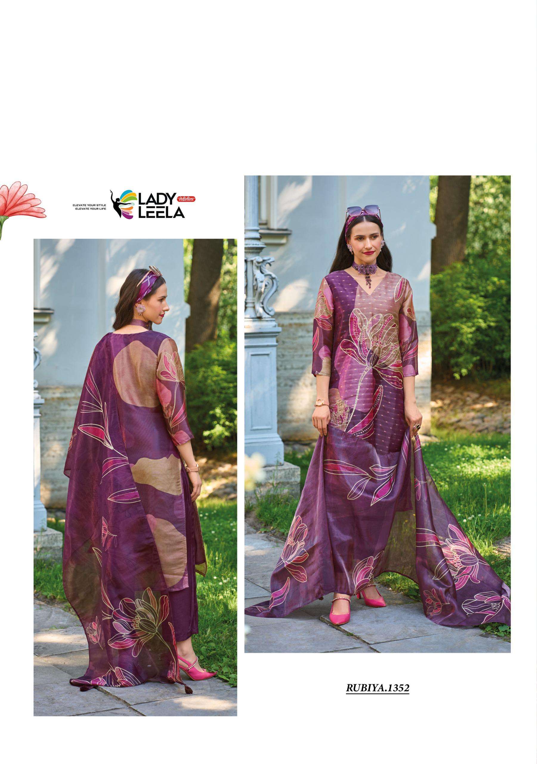 RUBIYA BY LADY LEELA JACQUARD SHIMMER DIGITAL PRINT KURTI PANT WITH HANDWORK INNER & DUPATTA 