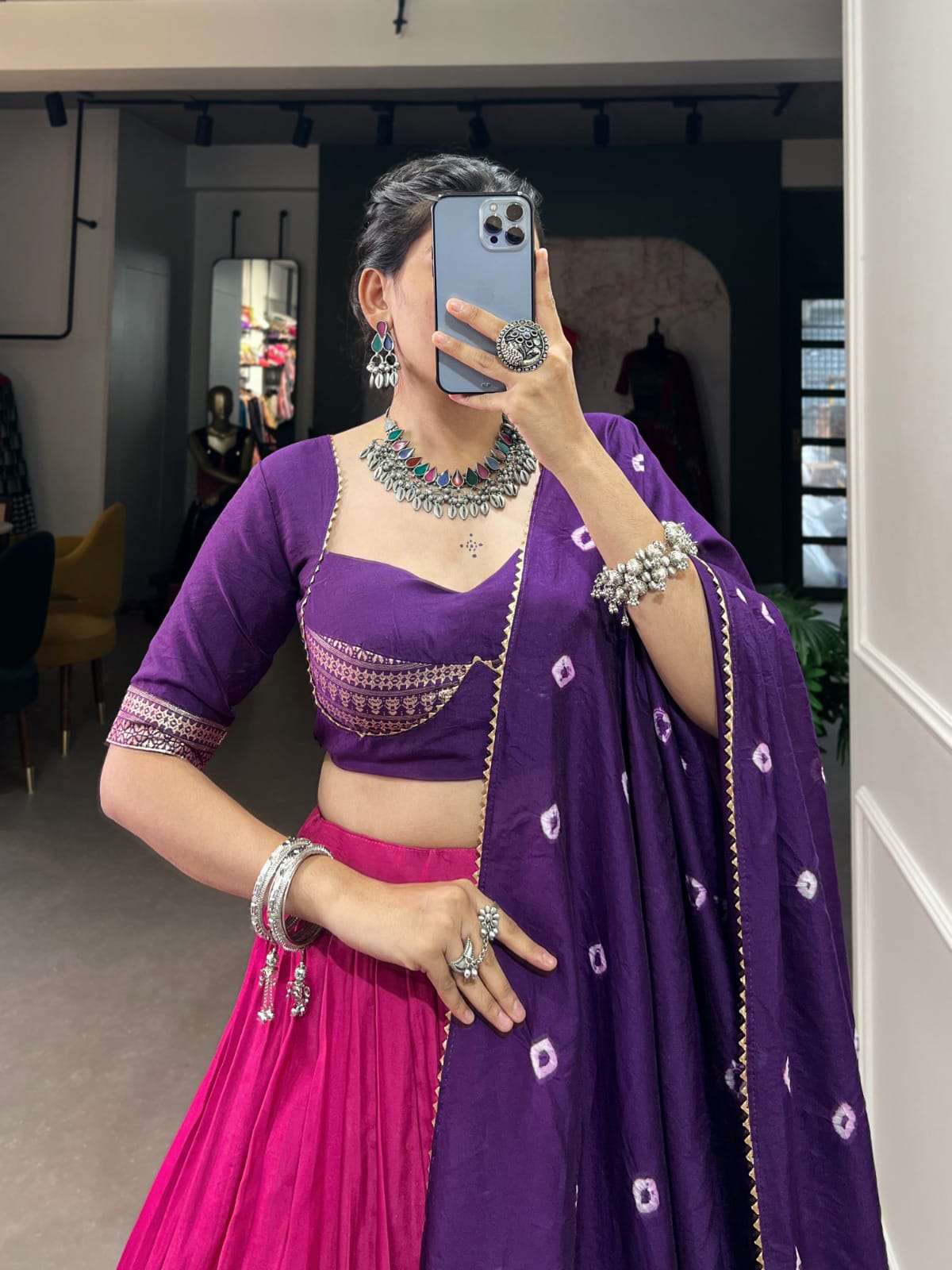 RUPLI BY TEXOFAB CHANDERI FABRIC COLOURFUL LEHENGA BLOUSE WITH DUPATTA 