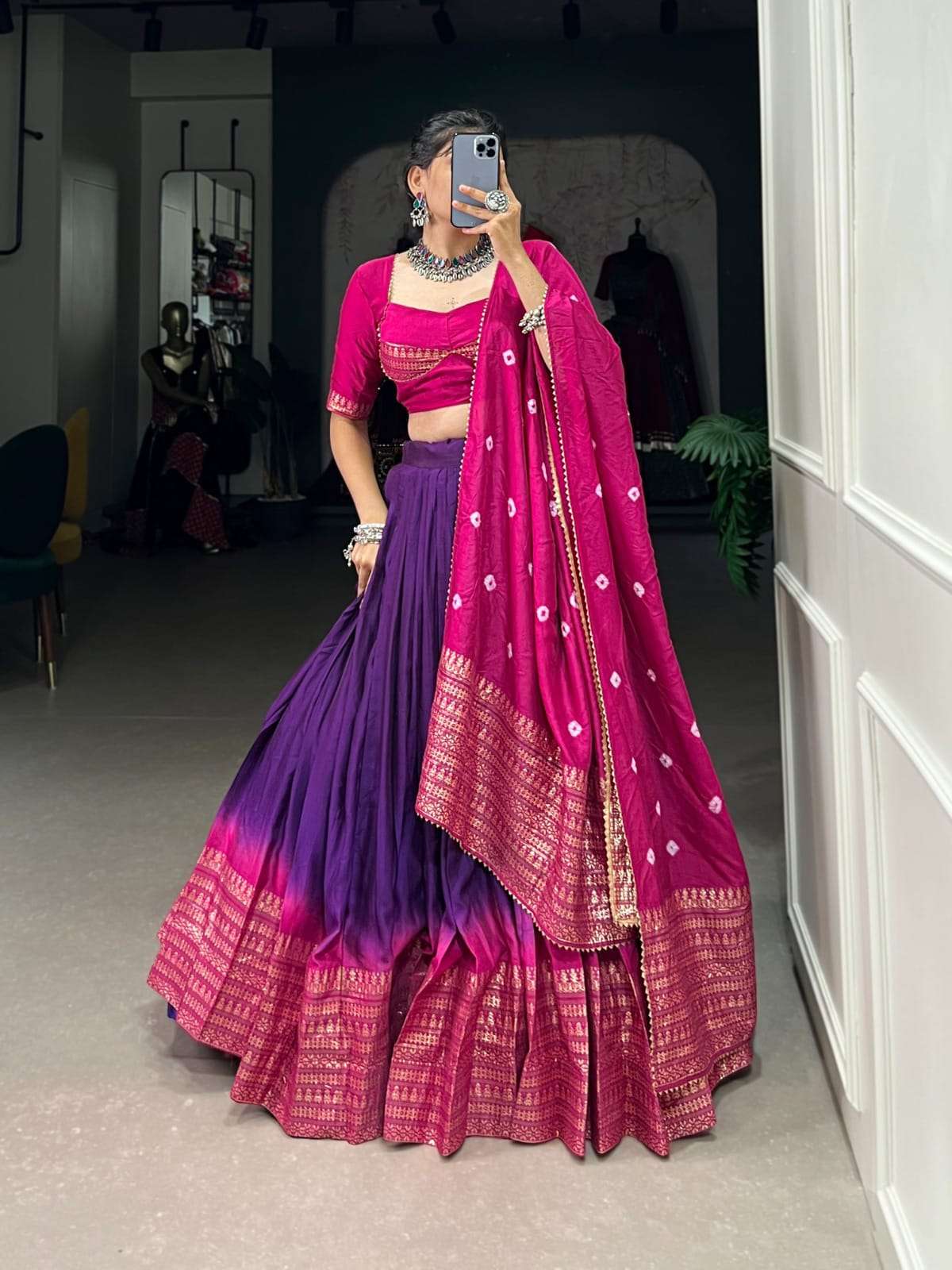 RUPLI BY TEXOFAB CHANDERI FABRIC COLOURFUL LEHENGA BLOUSE WITH DUPATTA 