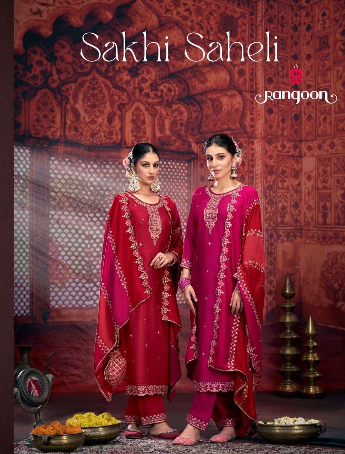 SAKHI SAHELI BY RANGOON SILK WITH FANCY WORK RED COLOUR KURTI PANT WITH DUPATTA 