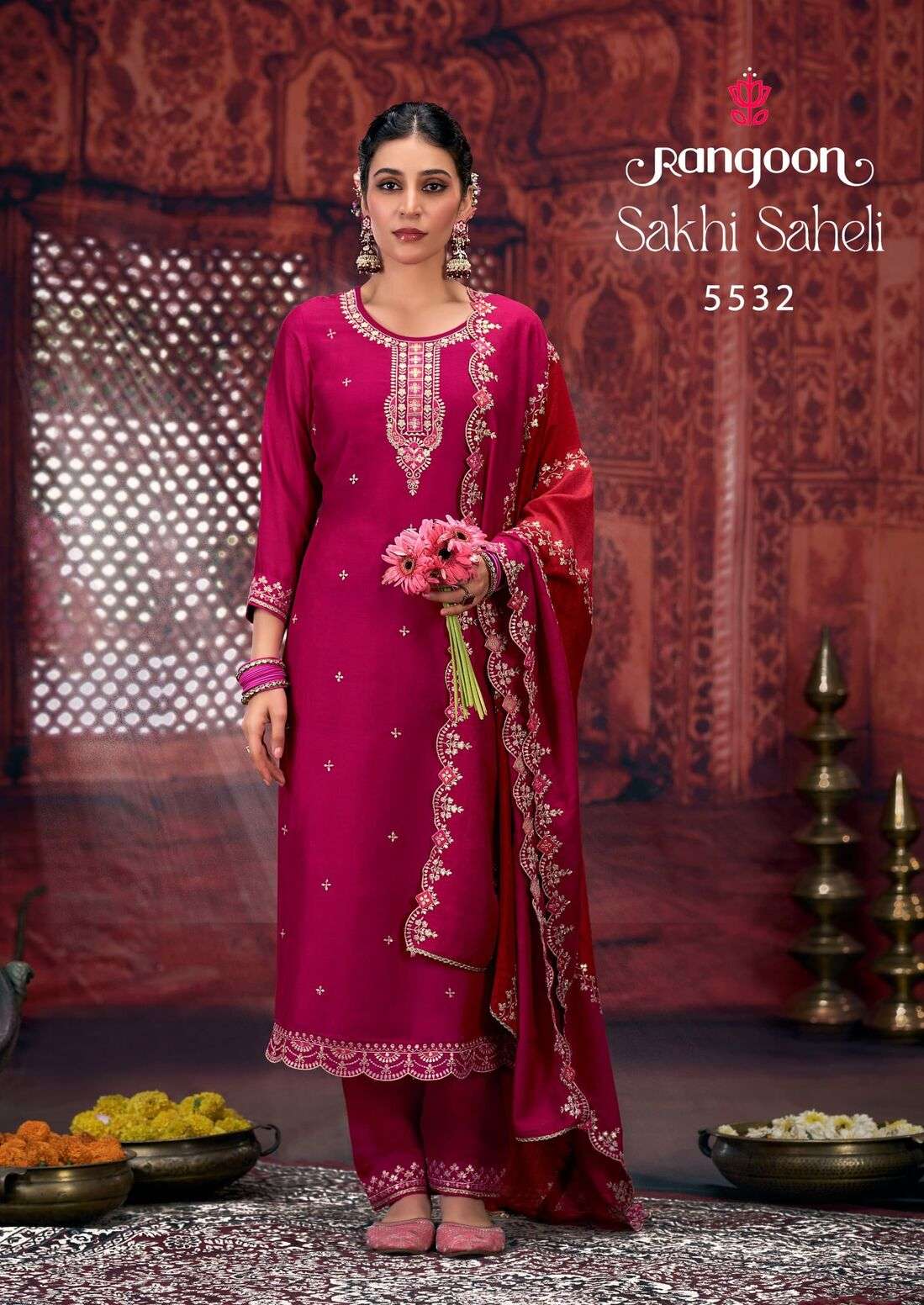SAKHI SAHELI BY RANGOON SILK WITH FANCY WORK RED COLOUR KURTI PANT WITH DUPATTA 