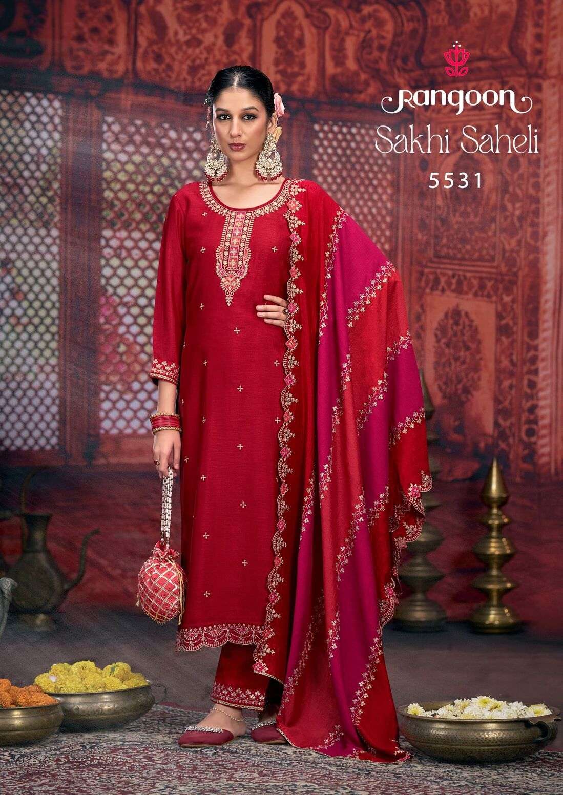 SAKHI SAHELI BY RANGOON SILK WITH FANCY WORK RED COLOUR KURTI PANT WITH DUPATTA 