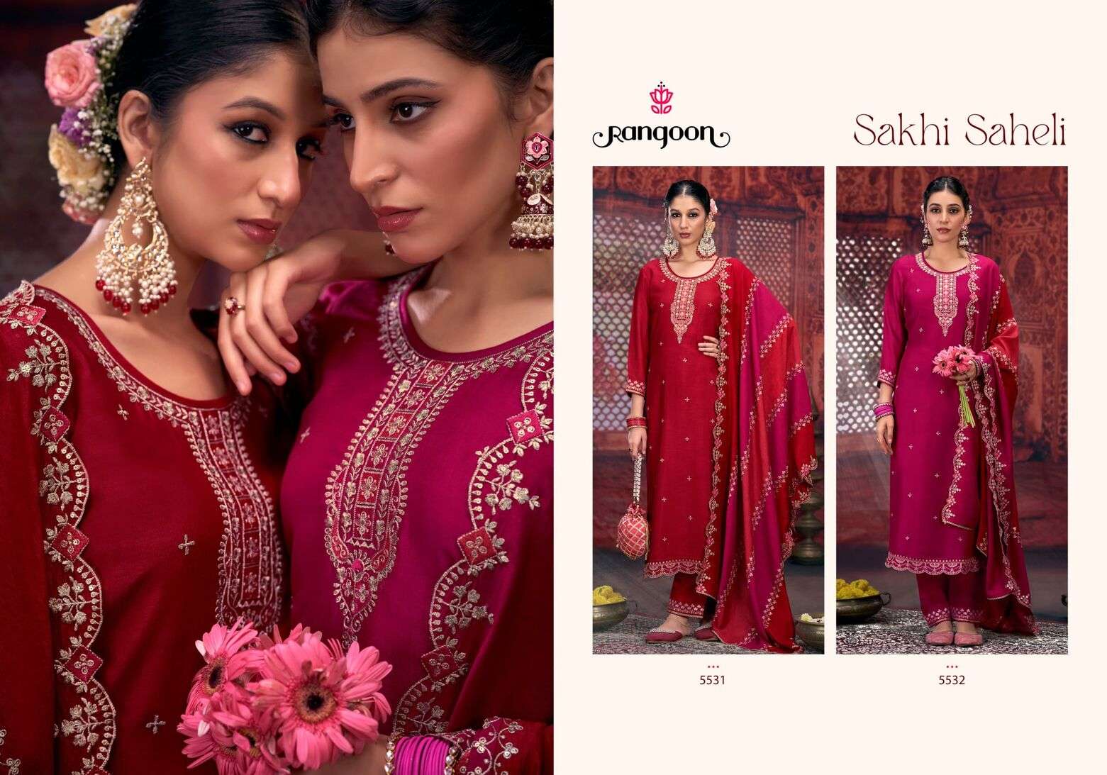 SAKHI SAHELI BY RANGOON SILK WITH FANCY WORK RED COLOUR KURTI PANT WITH DUPATTA 