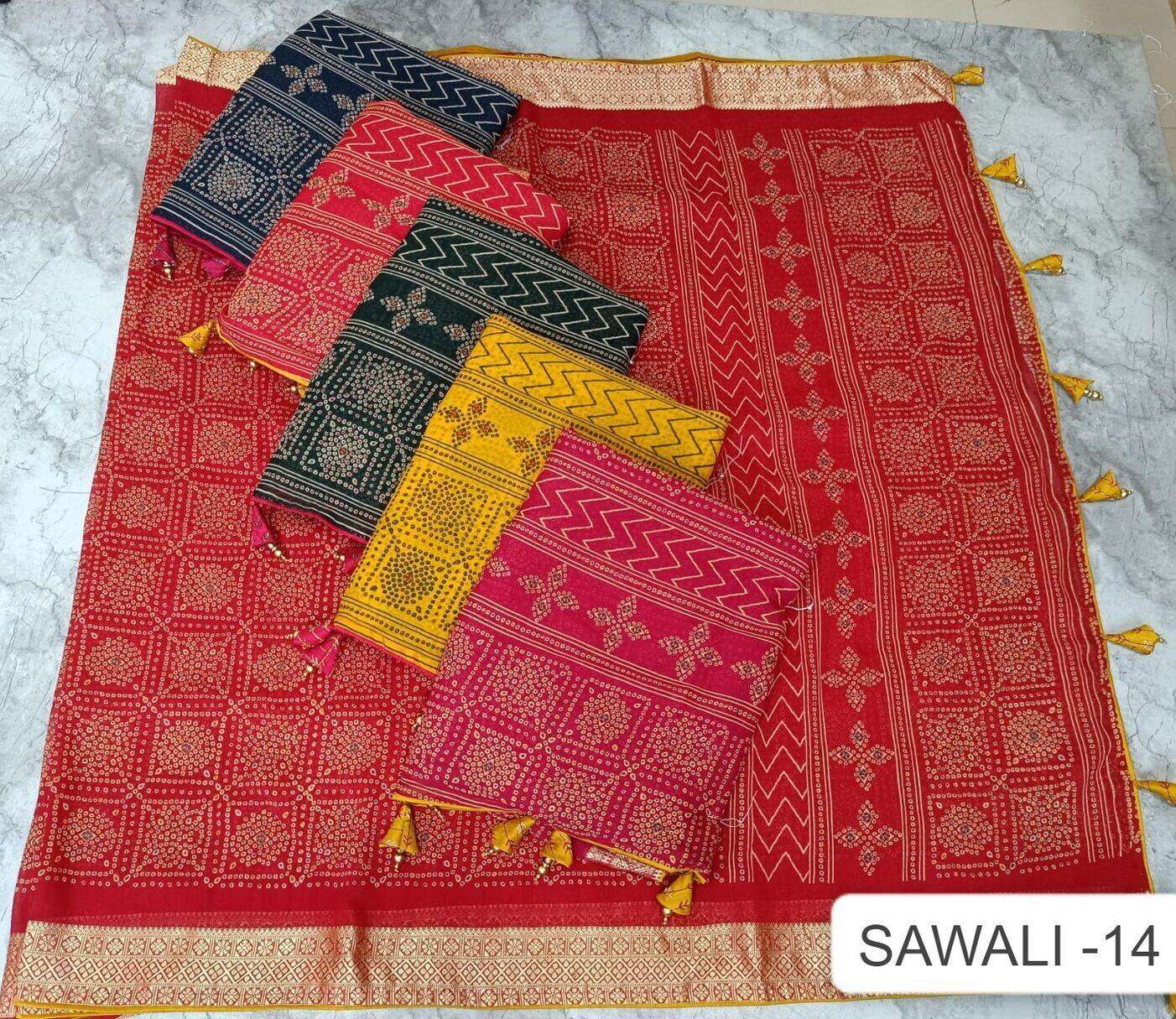 SAWALI VOL-14 BY KALPATRU FASHION VISCOSE BORDER BANDHEJ PRINT DESIGN SAREES WITH WORK BLOUSE 