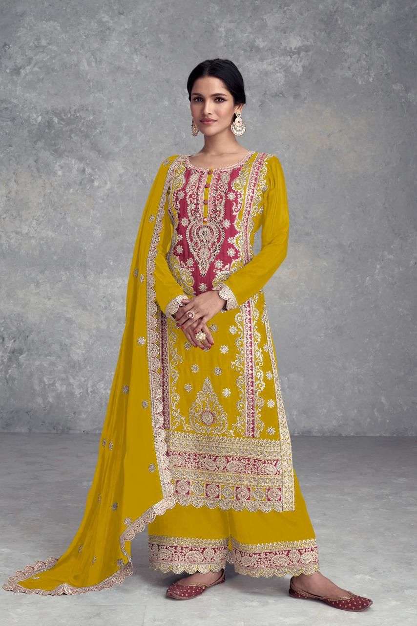 SAYRA BY GULKAYRA DESIGNER REAL CHINON HEAVY EMBROIDERY KURTI PLAZO WITH DUPATTA 