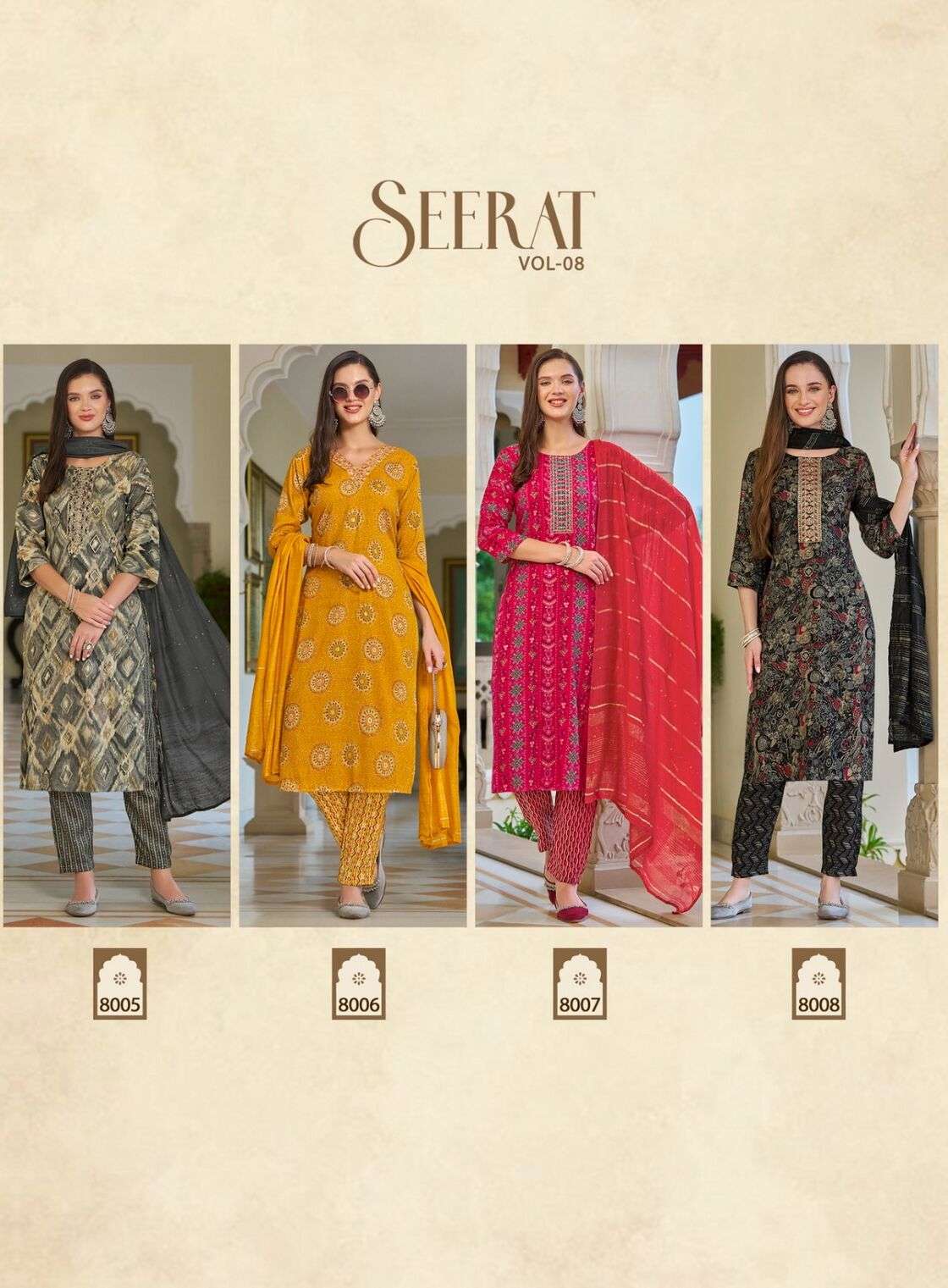 SEERAT VOL-8 BY RADHIKA LIFESTYLE RAYON CAPSULE FOIL PRINT EMBROIDERY WORK KURTI PANT WITH DUPATTA 