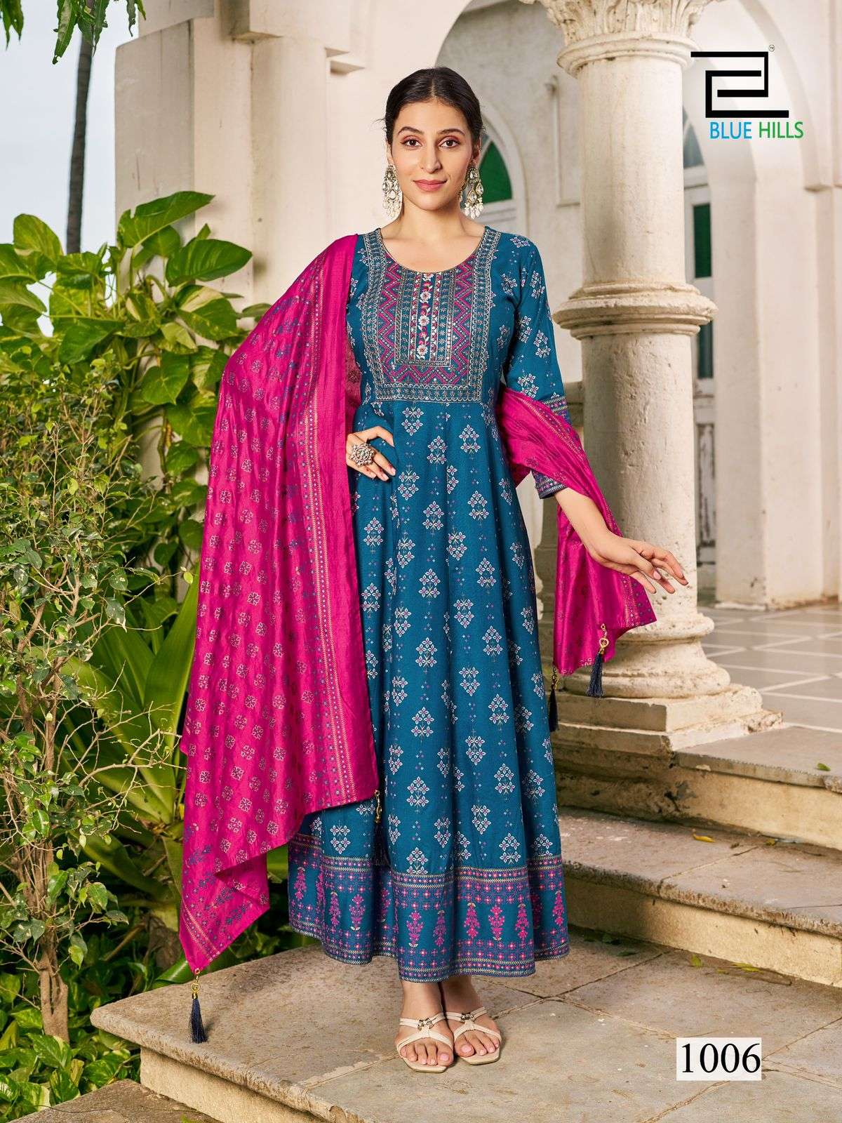 SENORITA SPECIAL BY BLUE HILLS RAYON FOIL PRINT ANARKALI GOWN WITH DUPATTA 