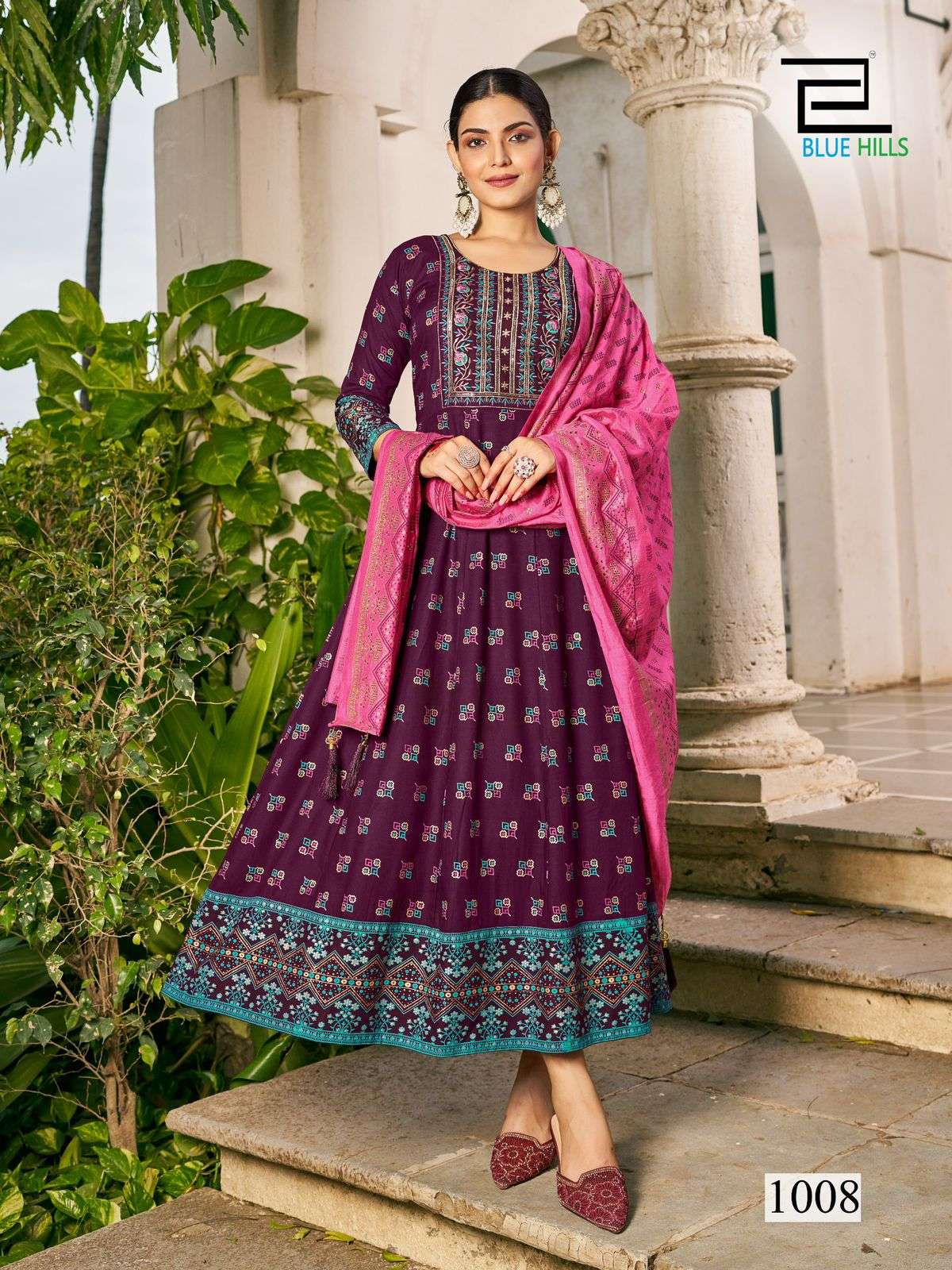 SENORITA SPECIAL BY BLUE HILLS RAYON FOIL PRINT ANARKALI GOWN WITH DUPATTA 