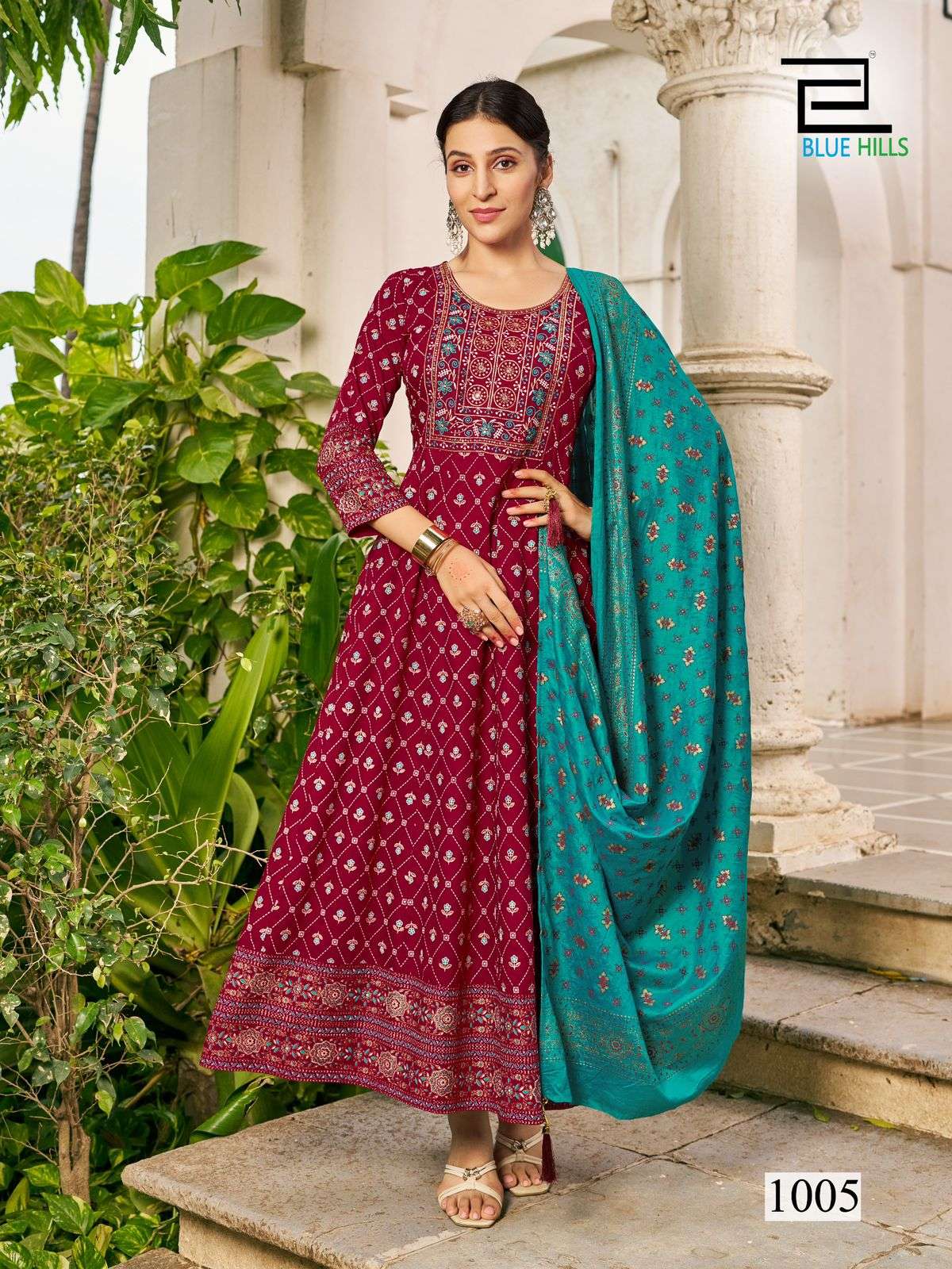 SENORITA SPECIAL BY BLUE HILLS RAYON FOIL PRINT ANARKALI GOWN WITH DUPATTA 